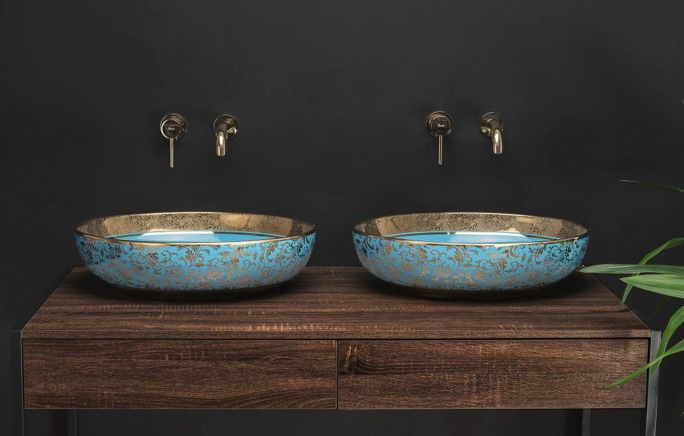 wohnwerk.idee Aufsatzwaschbecken Waschbecken Schwarz Weiß Türkis Gold Orientalisch Margot