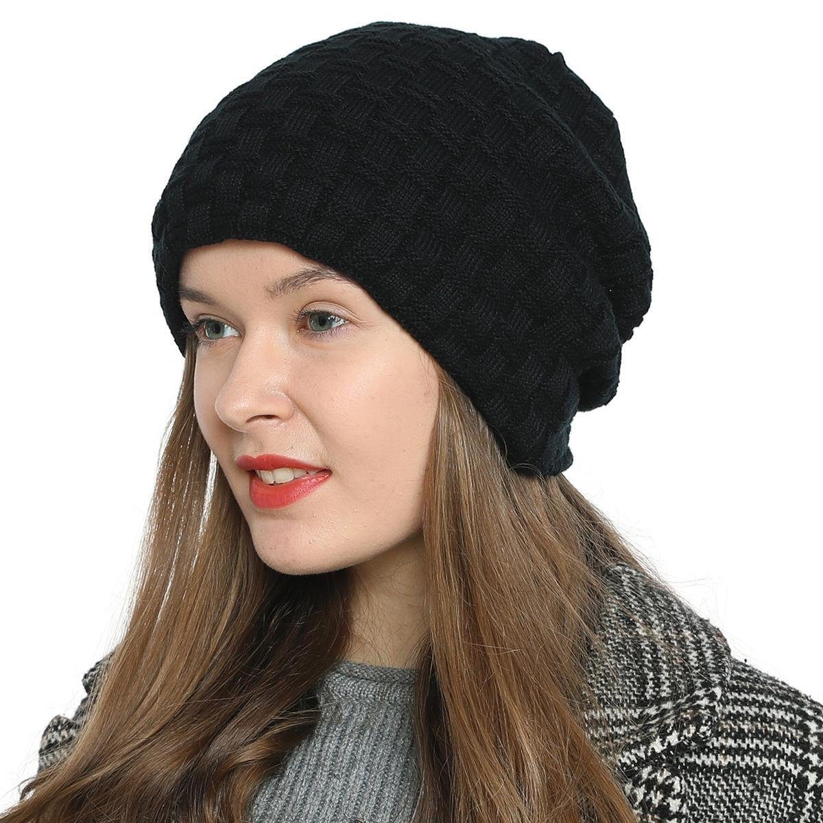 DonDon Beanie Damen Beanie Winter Slouch Style mit Innenfutter (Packung, 1-St) Wintermütze, Beanie mit Flechtmuster und Teddyfleece