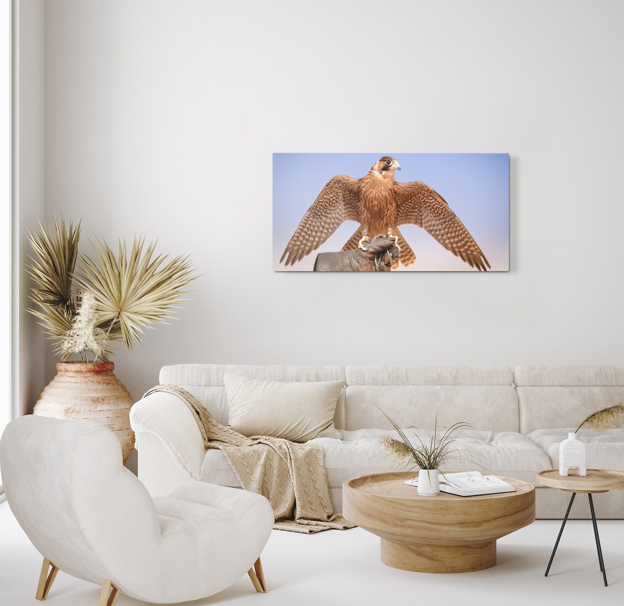 Sinus Art Leinwandbild Kunstdruck Bilder 120x60cm Falke Falkenjagd Dubai Raubvogel Greifvogel, (1 St)