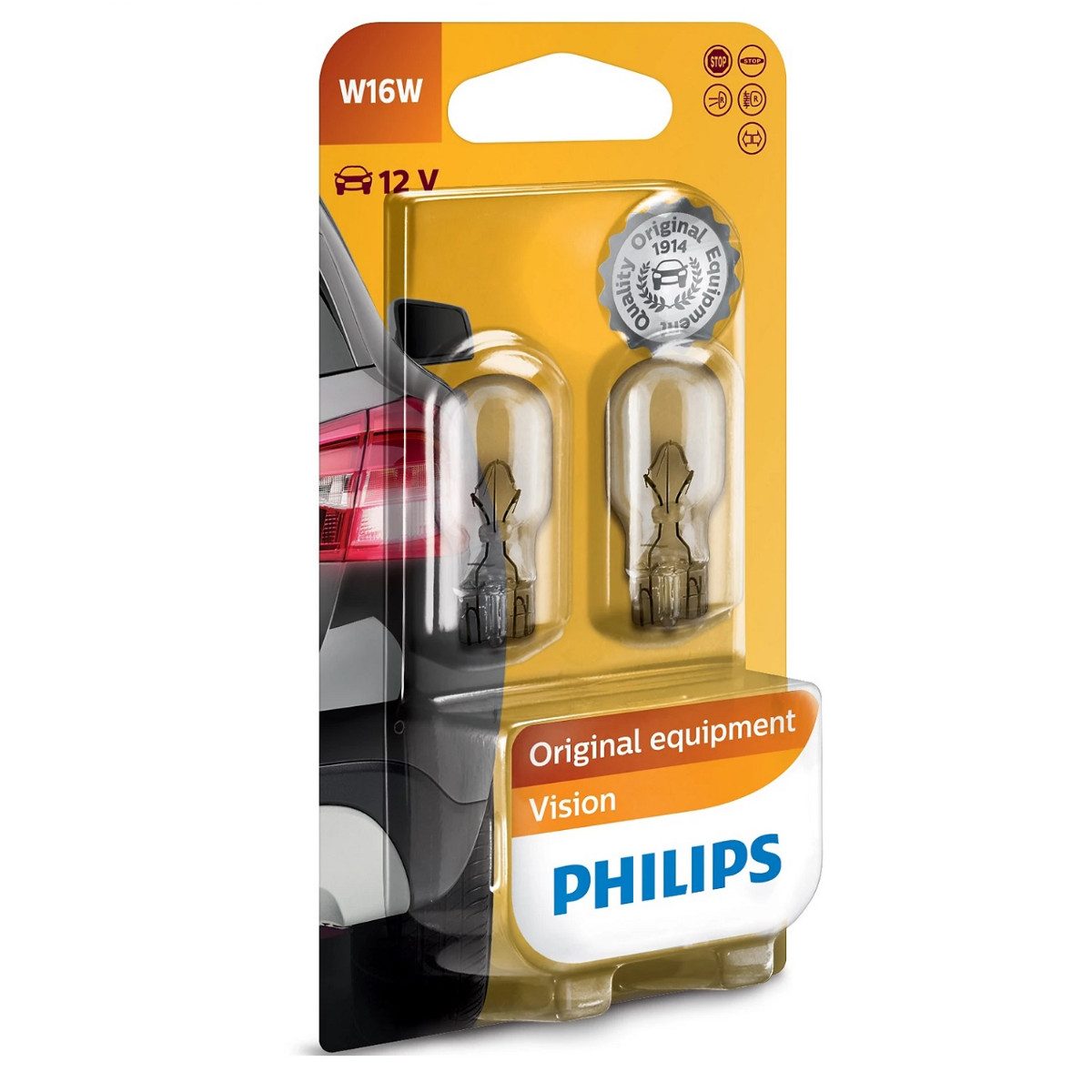Philips KFZ-Ersatzleuchte W16W, W2.1x9.5d, W16W, 2 St., Warmweiß, Starke Signalbeleuchtung mit hoher Lichtleistung