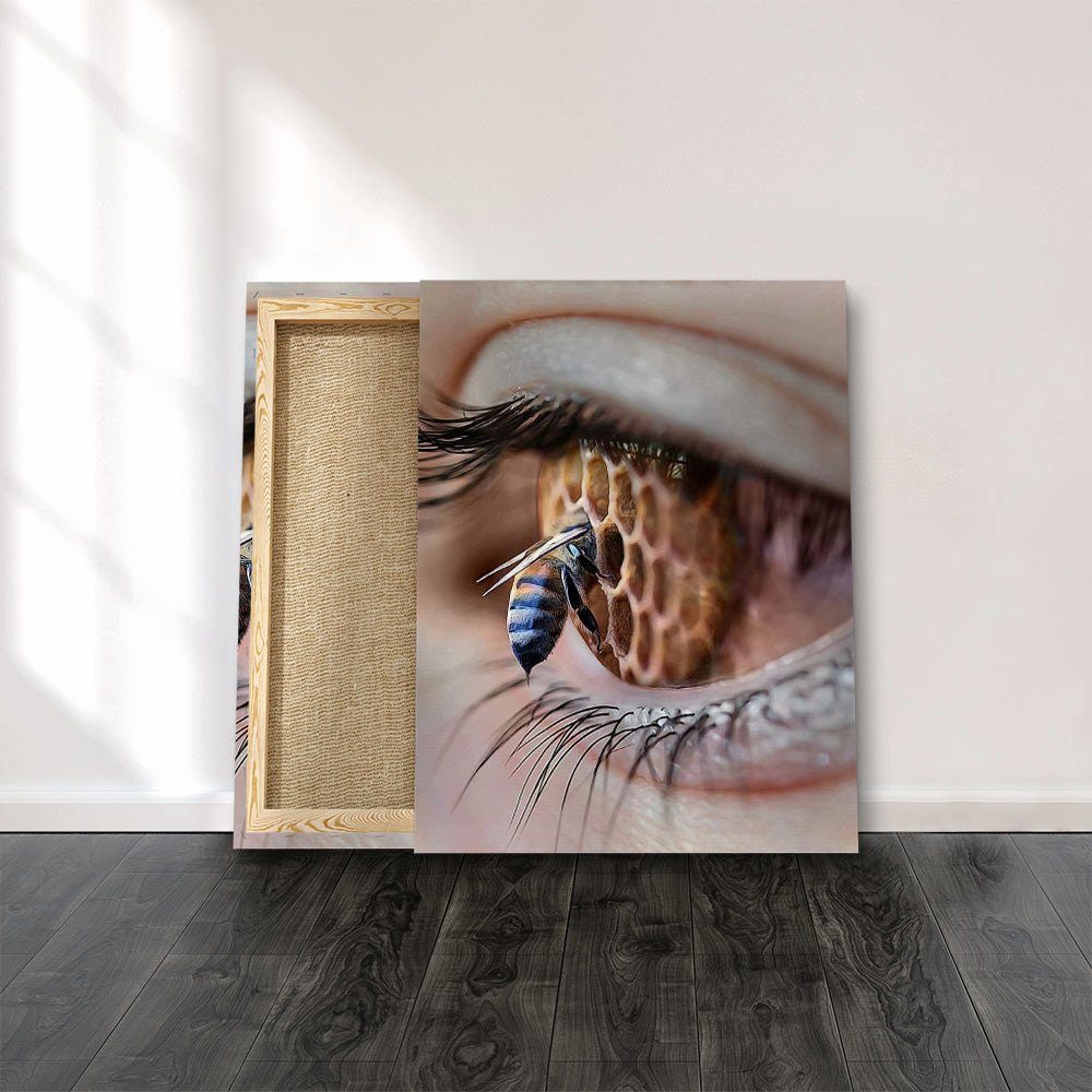 Leinwandbild schwarz Bee Eye, DOTCOMCANVAS® Biene Rahmen in Auge Wandbild Eye rosa weißer Honig Bee blau in