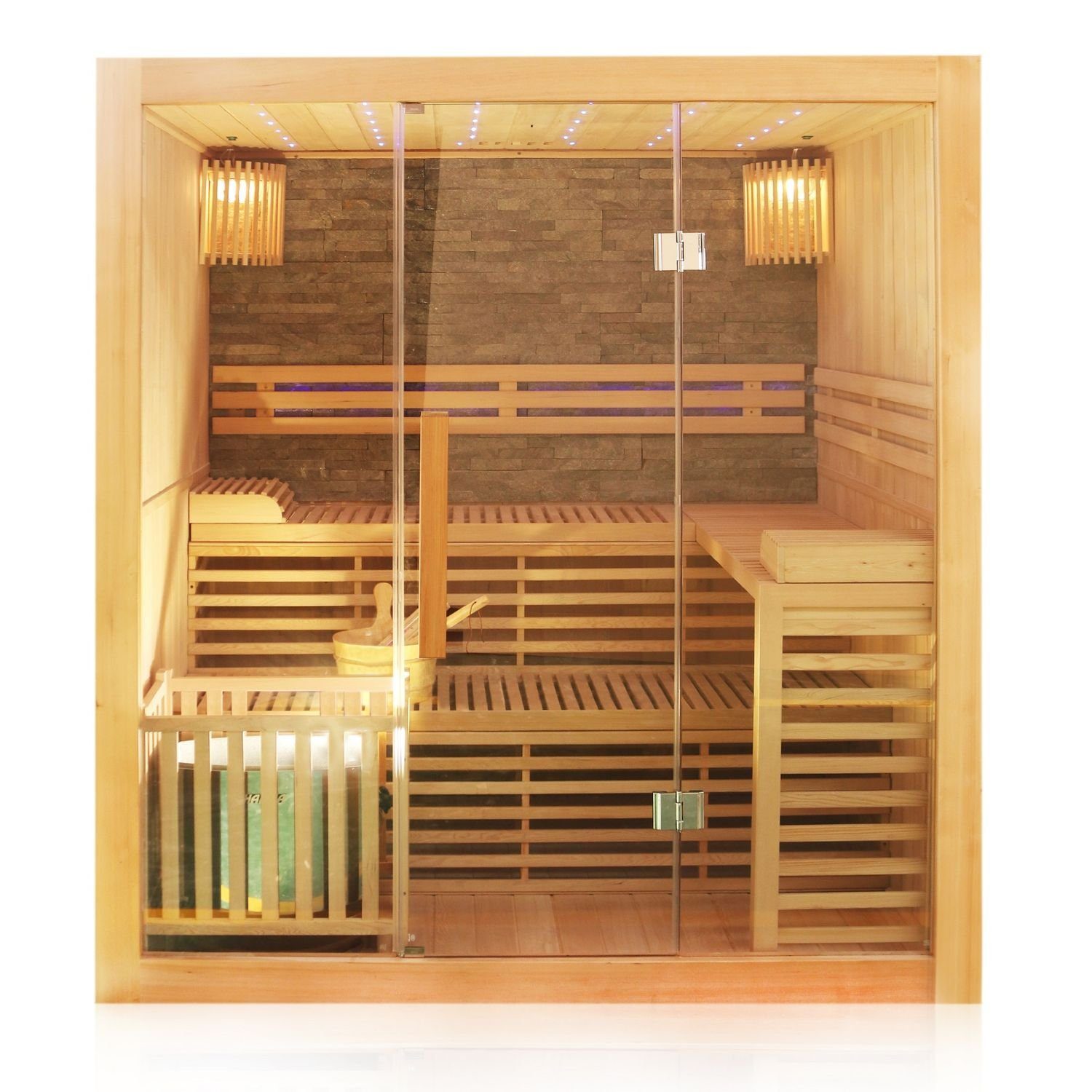 Dewello Sauna SARNIA 180 Finnische Sauna, bis zu 4 Personen, Saunaofen, Harvia 6KW, BxTxH: 180 x 140 x 200 cm, (inkl. 4-teiligem Sauna-Set, schaltbare Beleuchtung, inkl. 6 KW Harvia Ofen mit passenden Lavasteinen) Sauna aus Hemlock-Tannenholz, leichter Aufbau dank Stecksystem