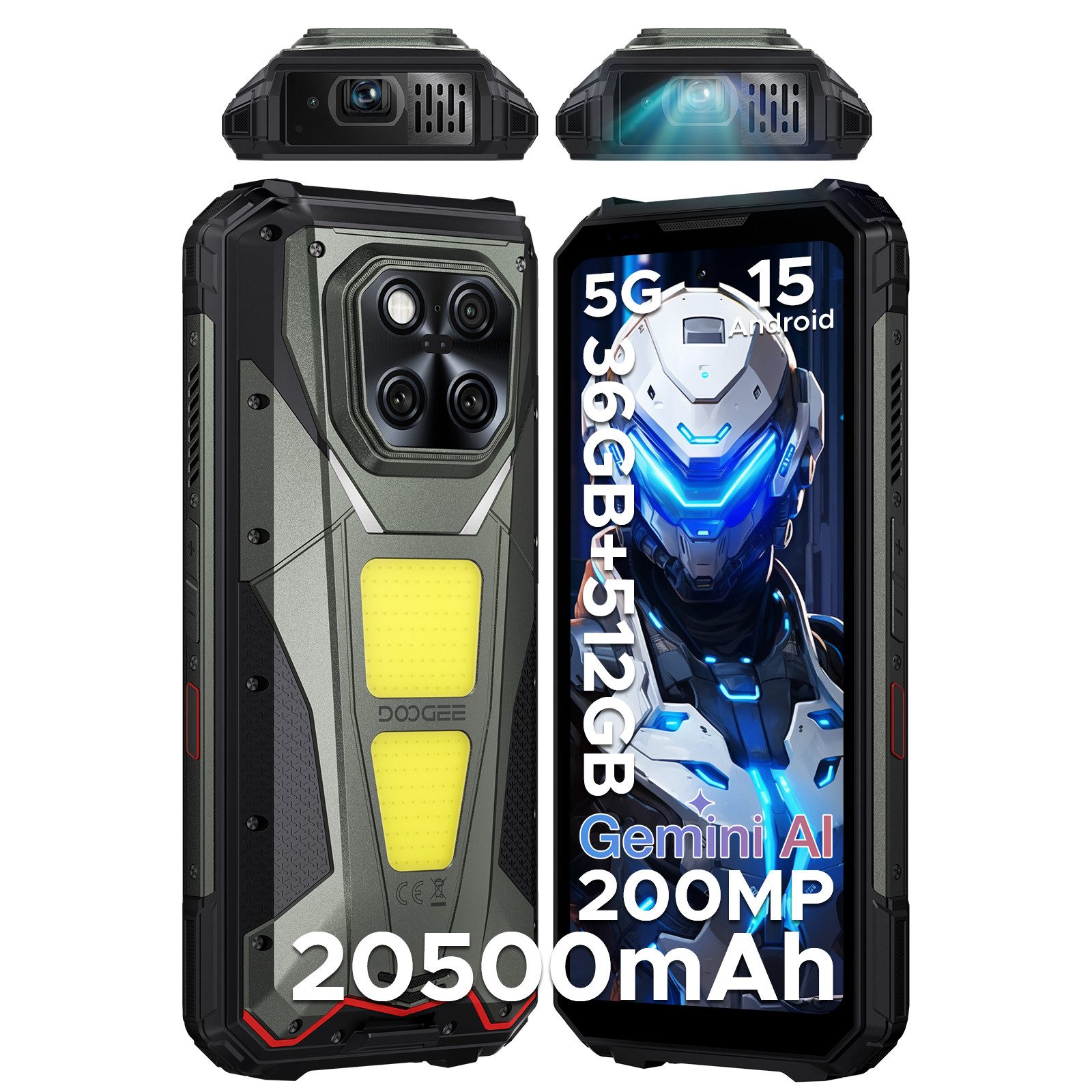 DOOGEE V MAX PLAY 5G Rugged Smartphone mit LED-Projektor & Dual-Camping-Licht Smartphone (6.78 Zoll, 512 GB Speicherplatz, 200 MP Kamera, 20500mAh Akku, 16GB RAM, 512GB ROM, 120Hz, 200MP+32MP)
