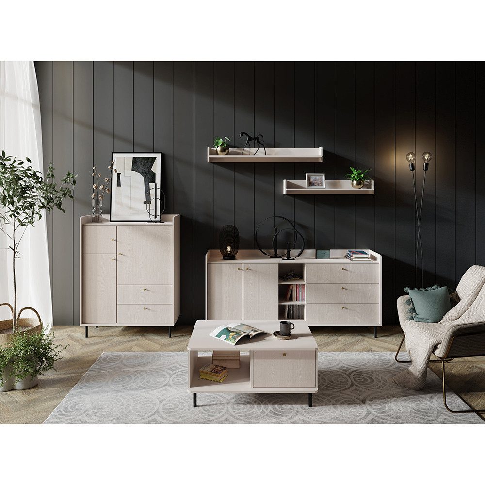Lomadox Wohnzimmer-Set GORICA-133, (Mega-Spar-Set, 5-St., Sideboard Highboard Wandregale Couchtisch), in sandbeige mit fühlbarer Struktur, goldfarbene Metallgriffe