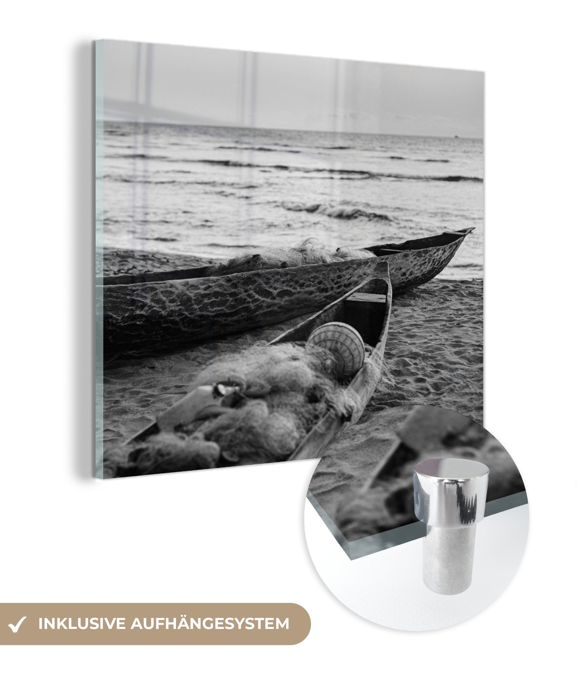 weiß, Boote (1 - Bilder - auf MuchoWow Glasbilder - - Glas Wandbild am auf und Wanddekoration St), Glas schwarz Strand Foto Acrylglasbild