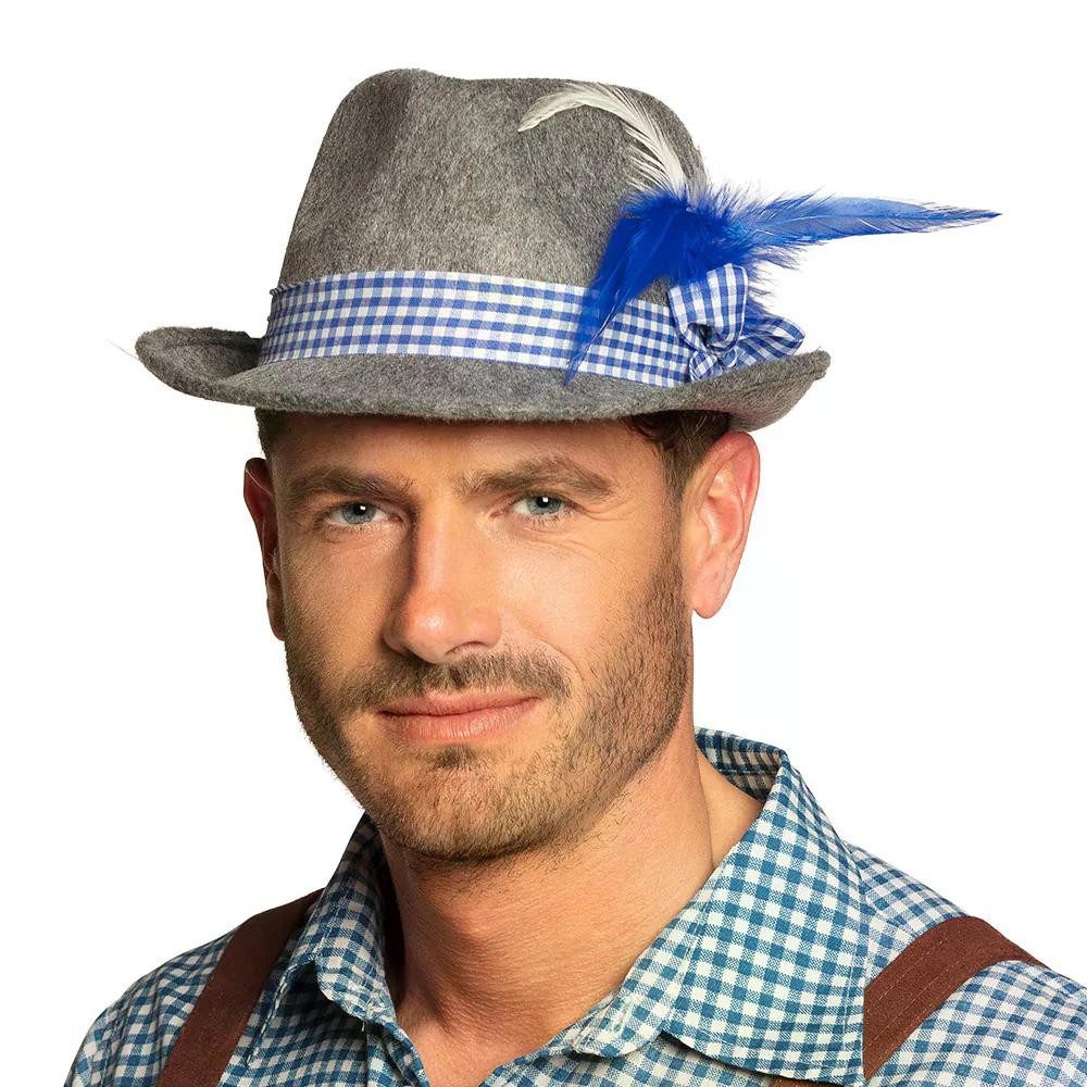 Boland Trachten-Kostüm Hut Wiesn blau Oktoberfest Filzhut mit Feder und Karo Band für Herren, Perfekt für Oktoberfest und Trachtenfeste