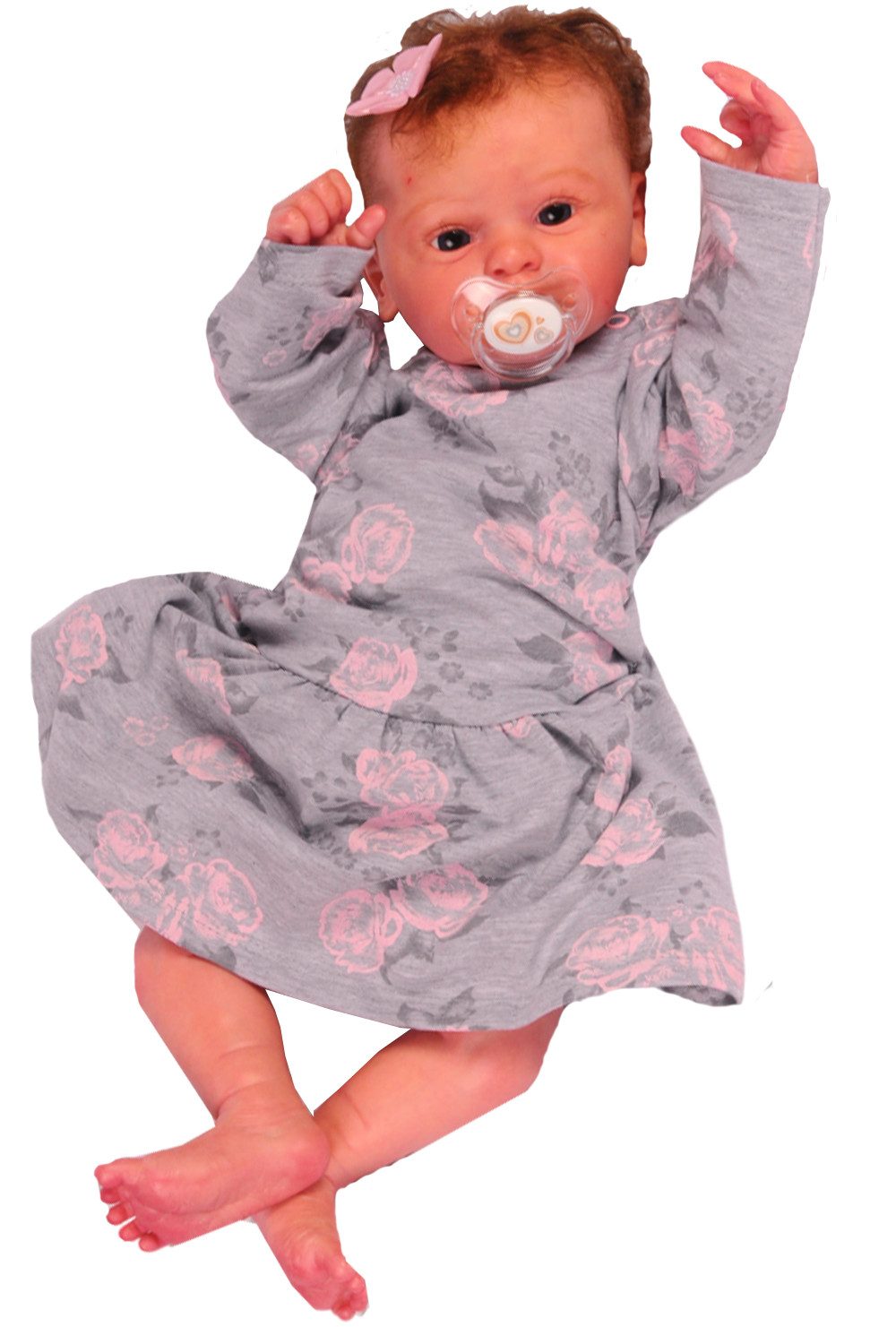 La Bortini Druckkleid Kleid Babykleid in Grau mit Rosenmuster Blumen Langarmkleid weich, gemustert, Rosen, 50 56 62 68 74 80 86