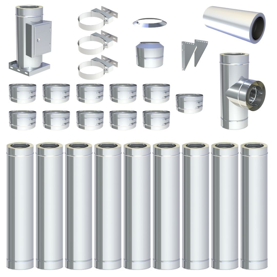 Jeremias Schornstein Ø130mm 9 m DW FU Doppelwandiges Schornstein Set Wandmontage Hochglanz, Ø 130 mm