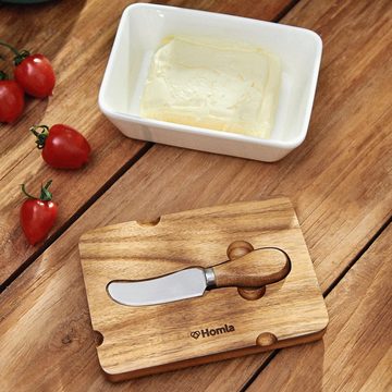 Homla EU Butterdose MOOKA Butterdose aus Porzellan mit Messer und Akaziendeckel, 11x16 cm