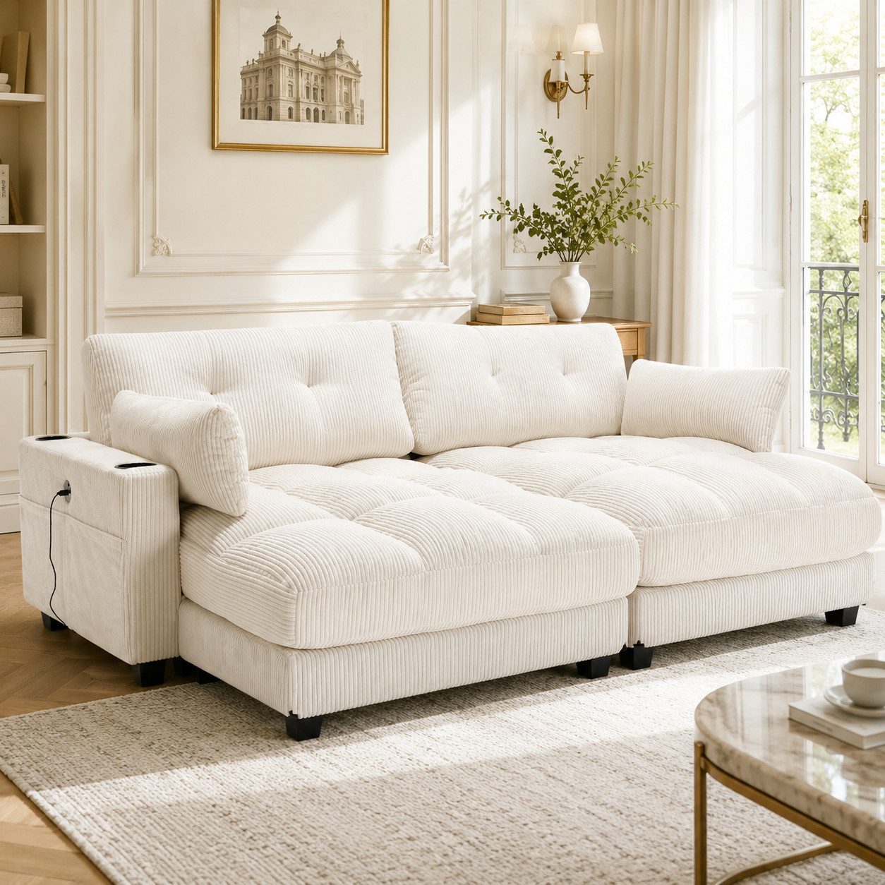 Celya Sofa 2-Sitzer, teilbar in 2 Einzelsitze, mit 2 Kissen, mit 4 Getränkehaltern, 4 Seitentaschen, USB-Ladeanschlüssen an den Armlehnen