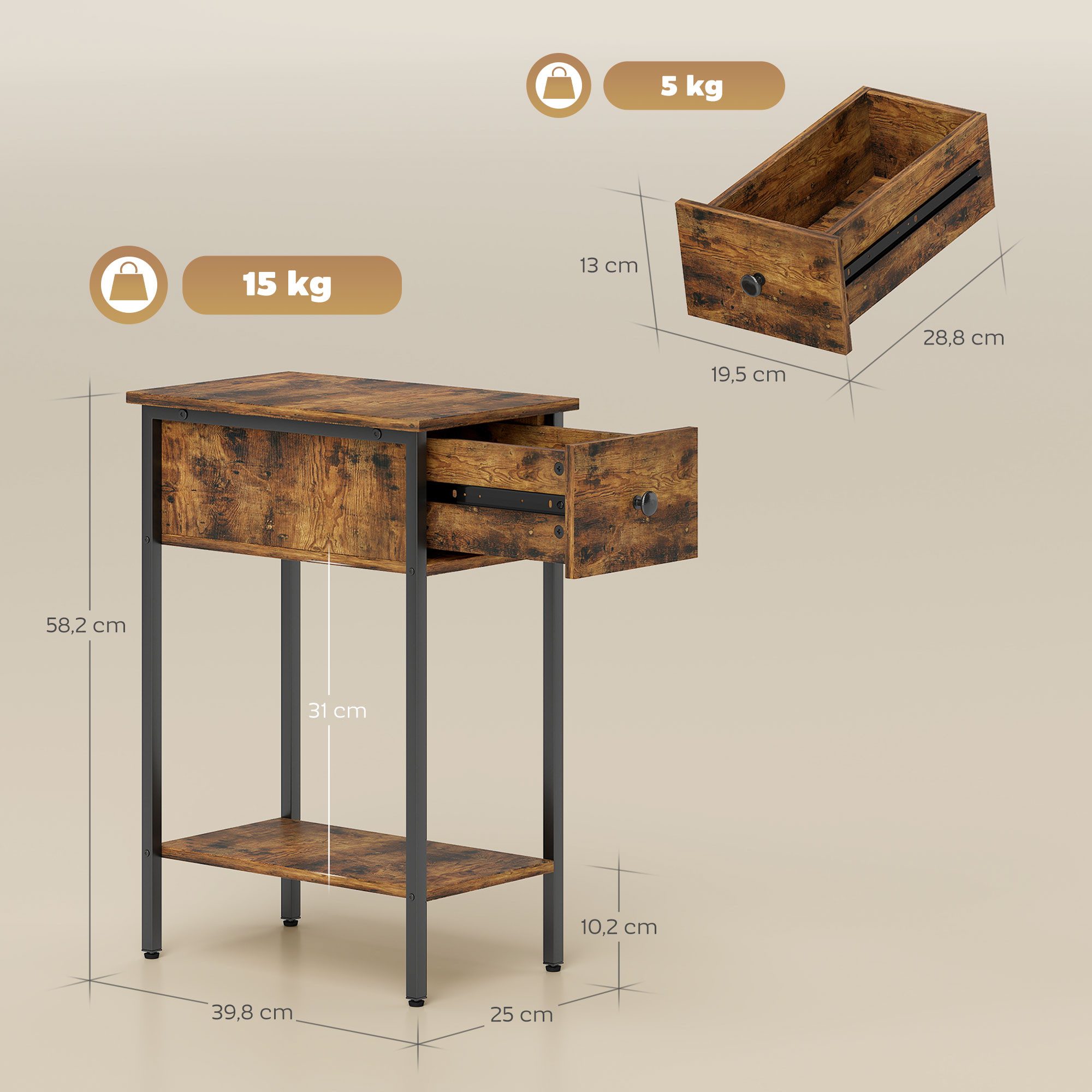 HOMCOM Beistelltisch Schmal Couchtisch mit Schublade, Ablage, Industrie Nachttisch (Schmal Couchtisch, 1-St., Nachttisch), für Wohnzimmer, Schlafzimmer, 25 x 39,8 x 58,2 cm, Rustikal-Braun