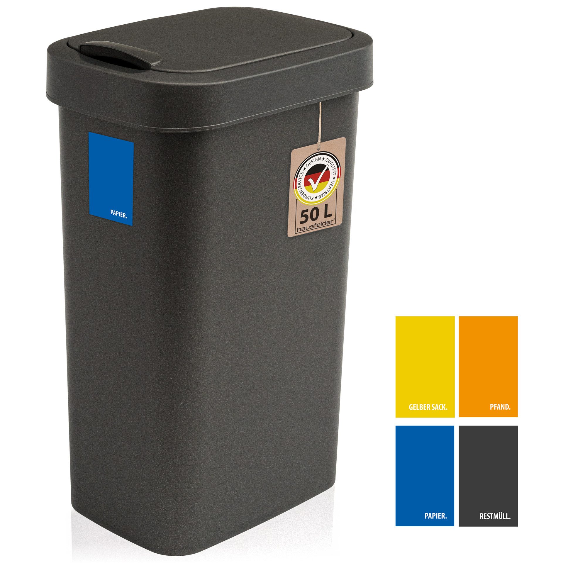 Hausfelder Mülleimer Abfalleimer 50 Liter mit Klapp-Schwingdeckel Abfallbehälter in Schwarz, Made in Germany, mit Klapp- und Schwingdeckel, robuste Konstruktion