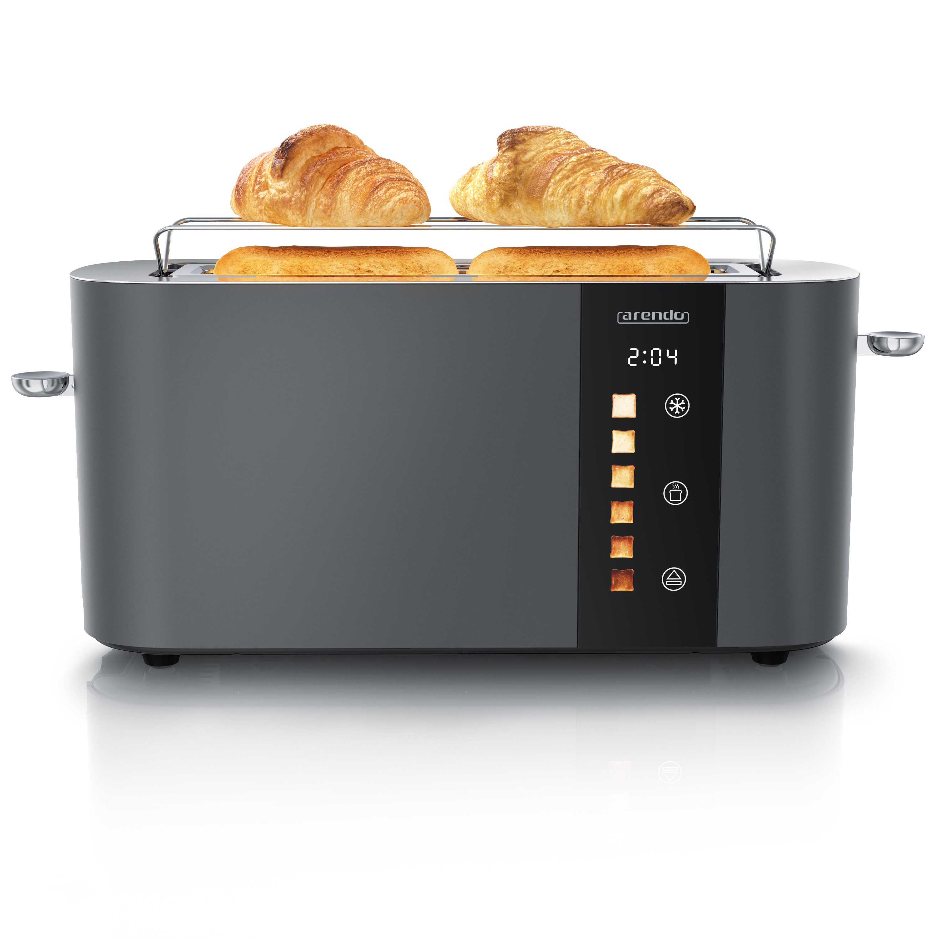 Arendo Toaster Edelstahl, Langschlitz, Touch Display, Restzeit & Bräunungsgradanzeige, 1 langer Schlitz, für 2 Scheiben, 1000 W, Brötchenaufsatz, Wärmeisoliert, Toast-Symbole für Bräunungsgradauswahl