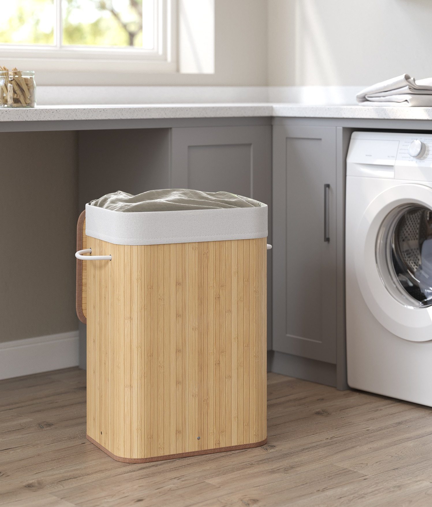 SONGMICS Wäschekorb, mit Deckel, 72 L, Wäschekorb aus Bambus, faltbar, mit günstig online kaufen