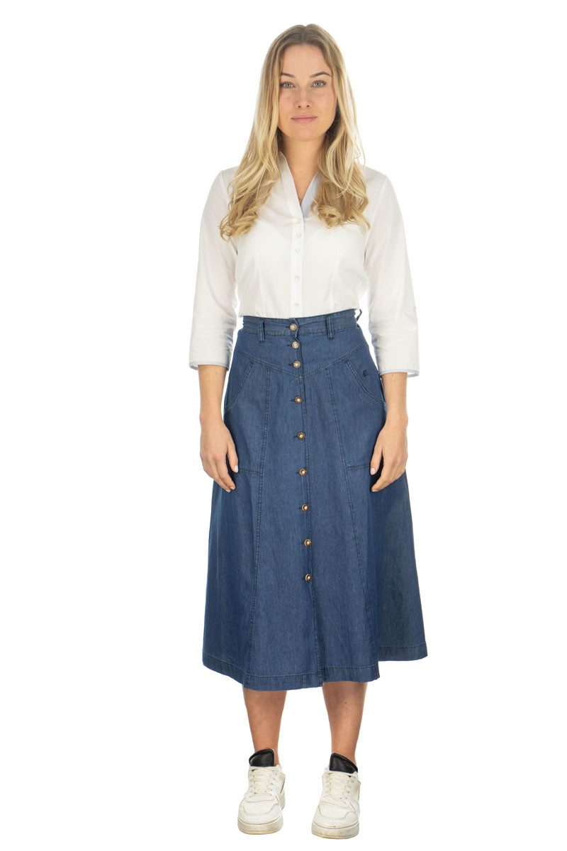 OS Trachten Jeansrock Brujus Trachtenrock wadenlanger Tellerrock mit 2 Seitentaschen und Stickerei – Bild 3 von 5
