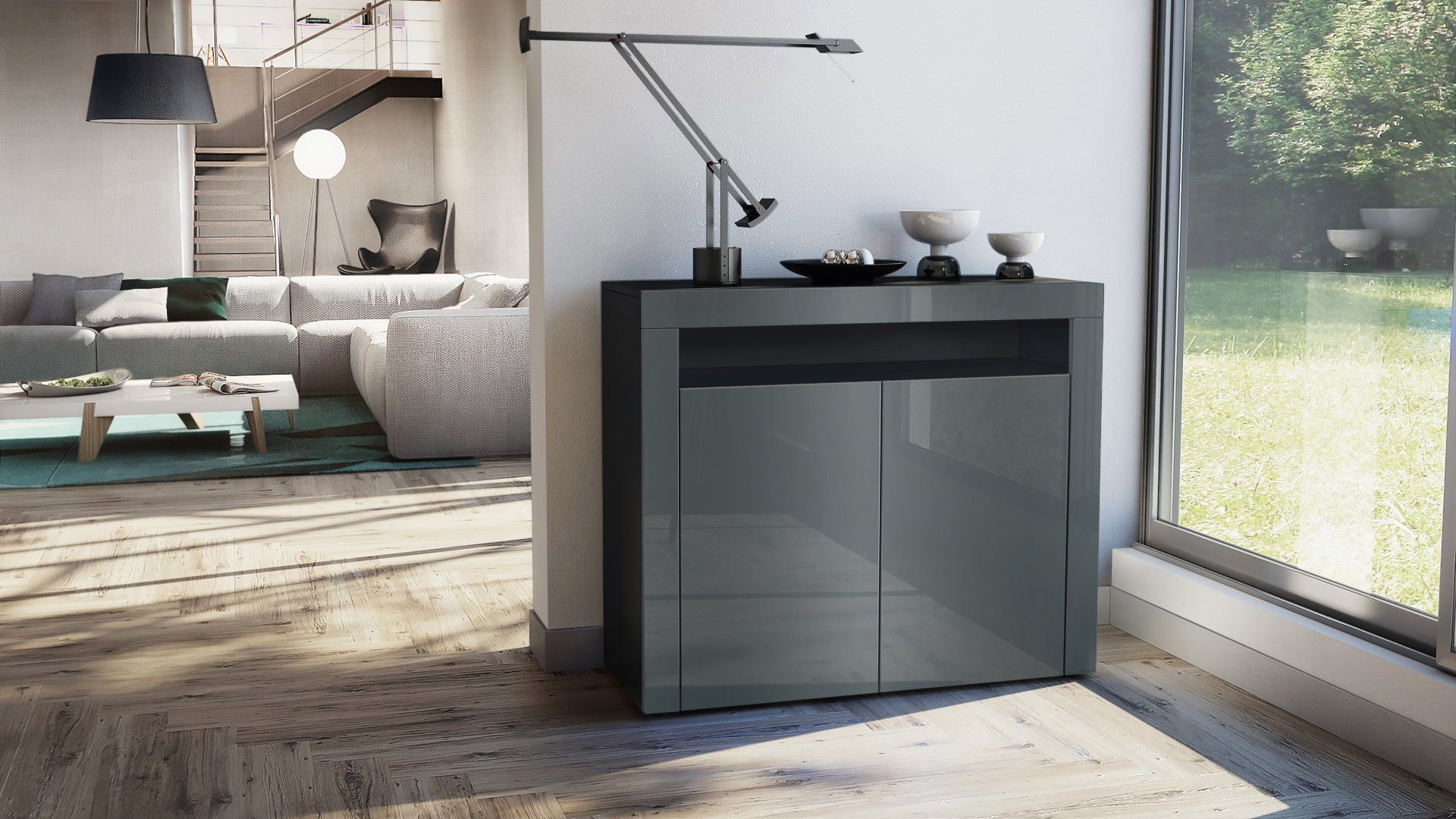 Vladon Kommode Valencia (Kommode, Sideboard mit 2 Türen und 1 offenem Fach), Schwarz matt/Grau Hochglanz/Grau Hochglanz (108 x 92 x 40 cm)