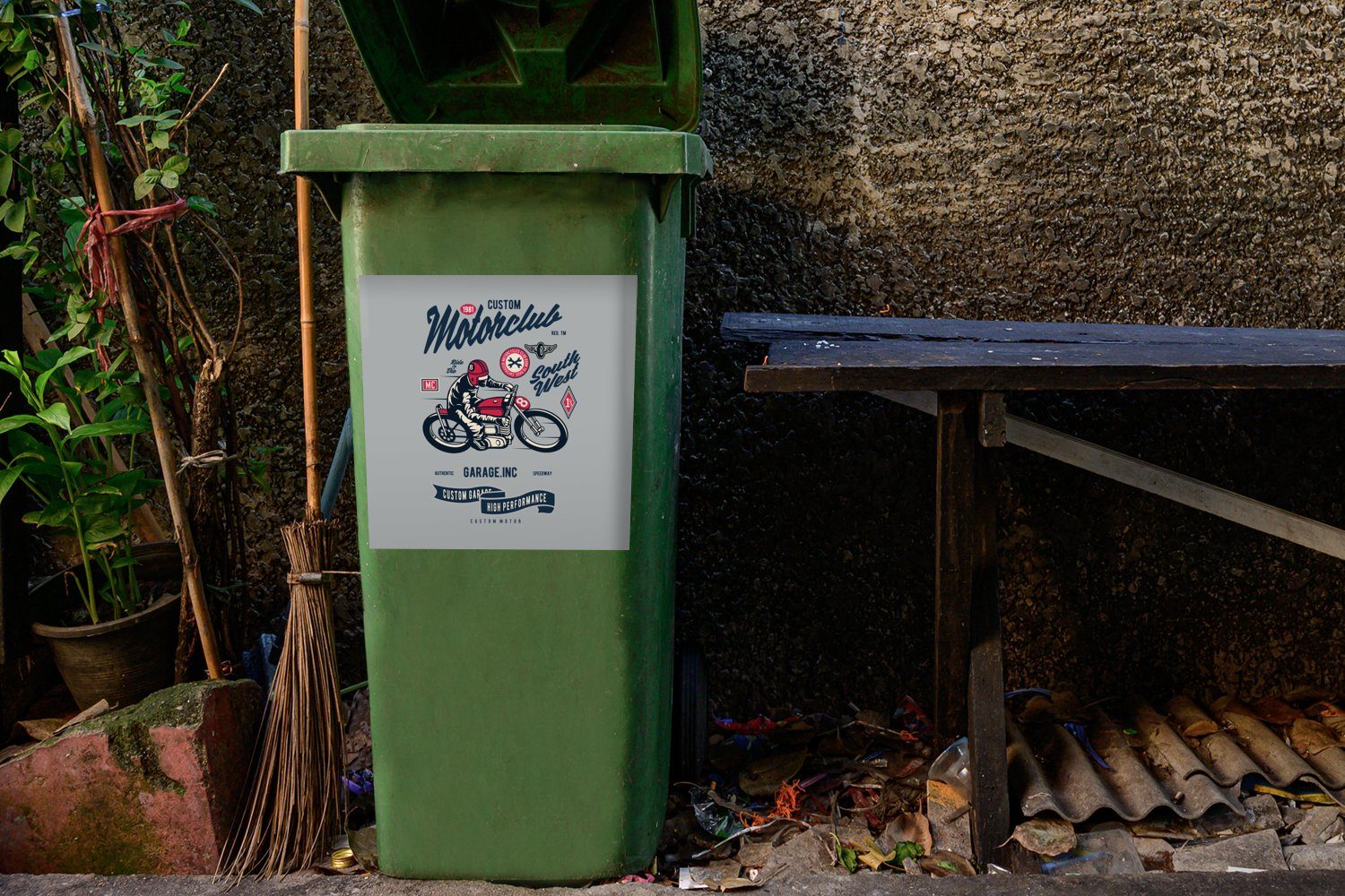 MuchoWow Abfalbehälter - Zeichnung (1 St), Mülleimer-aufkleber, Container, - Mülltonne, Motorrad - Wandsticker Helm Sticker, Vintage