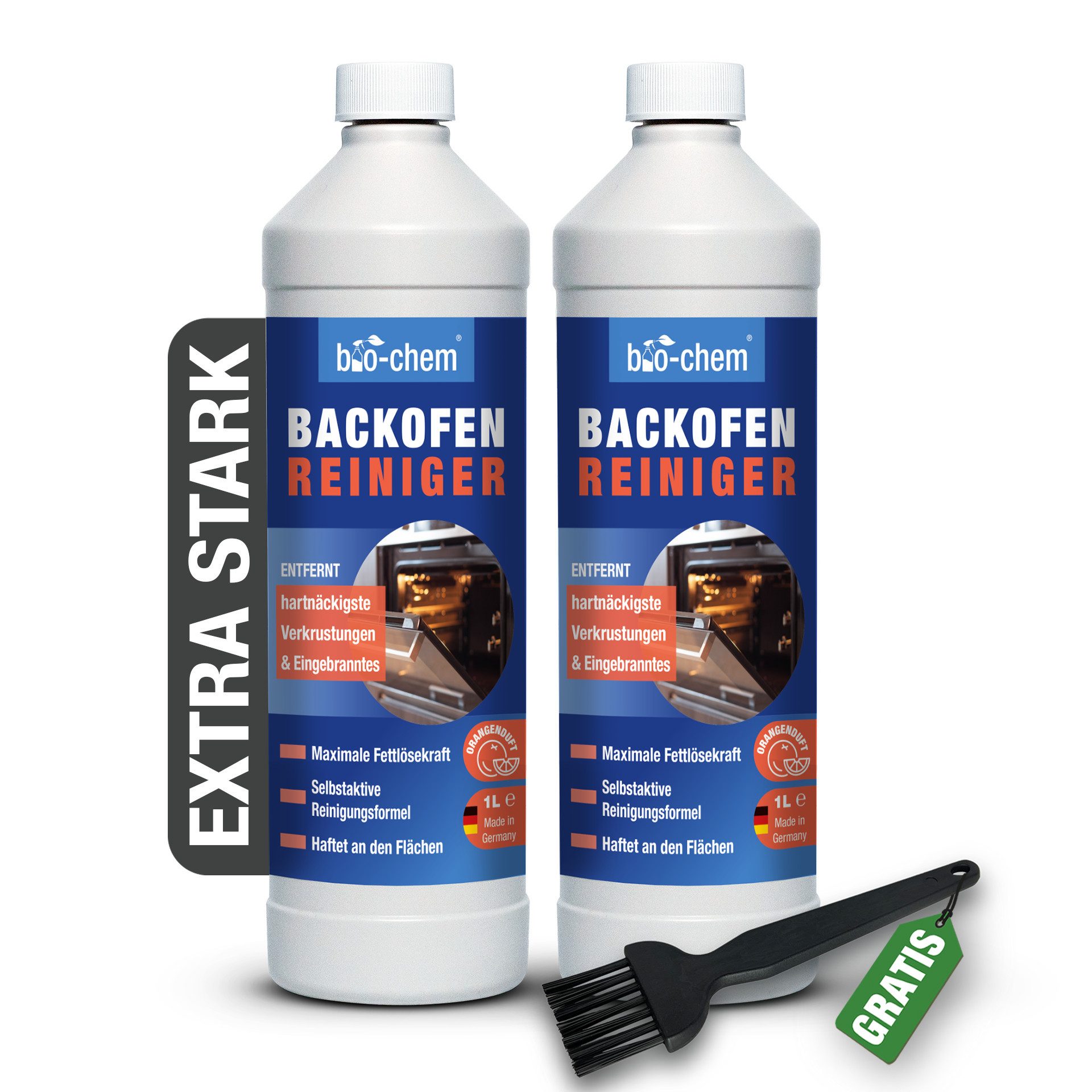 bio-chem Backofenreiniger 1000ML – EXTRA STARK ohne Schrubben Backofenreiniger (Starker Fettlöser, [- Backofenreiniger 2x 1 L + Pinsel schwarz Extra starke Fettlösekraft)