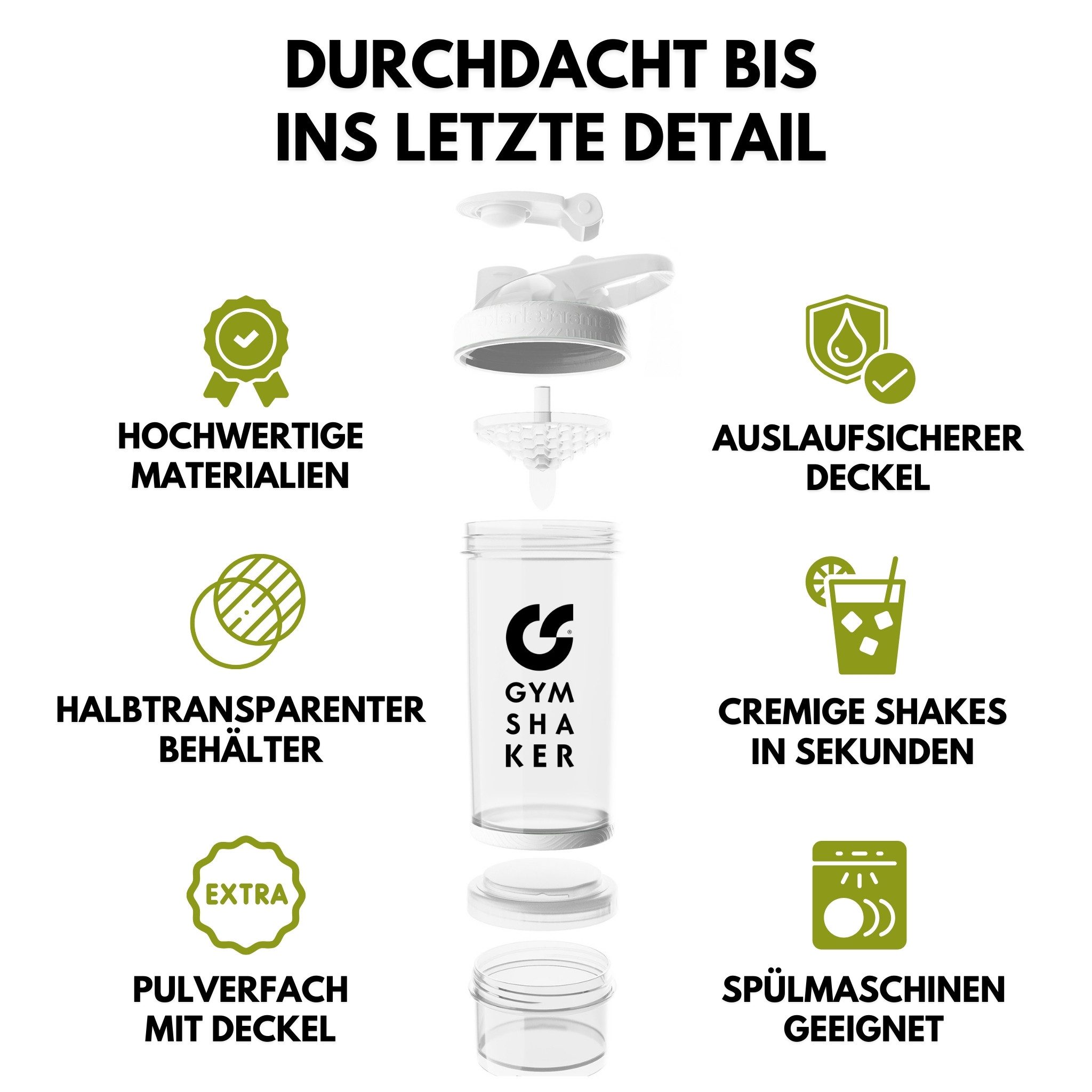 GYMSHAKER Protein Shaker mit Pulverfach - Trinkflasche für Fitness, Sport & Bodybuilding, Shaker für EAA, Eiweiß- & Sportgetränke, spülmaschinengeeignet