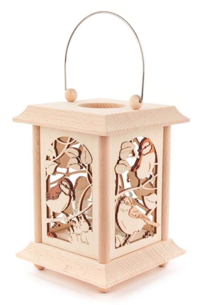 Dregeno Erzgebirge Kerzenlaterne Tischlaterne Vögel mit Glaseinsatz BxHxT = 12x17x12cm NEU, mit schönen Tiermotiven zum aufhängen oder stellen | Kerzenhalter