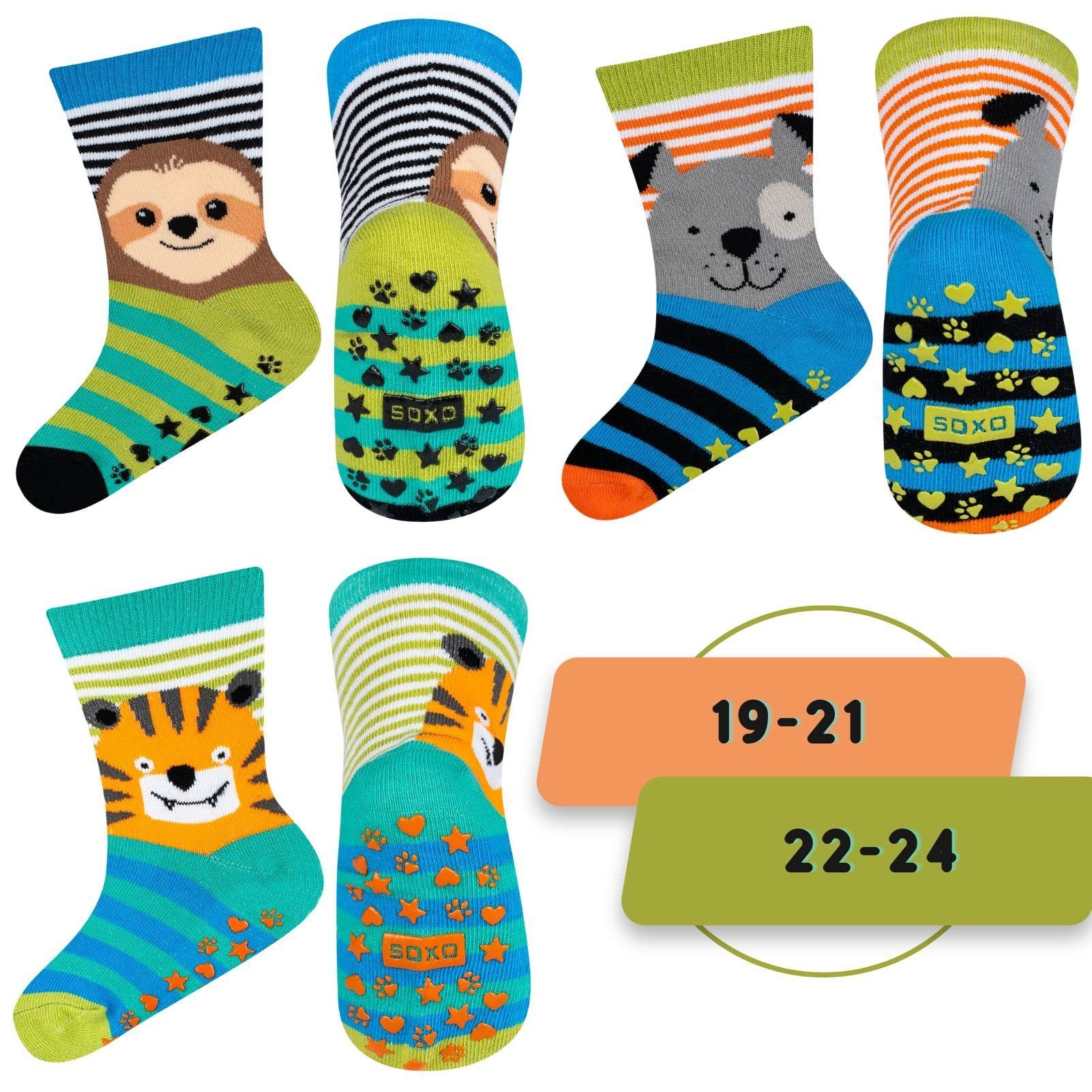 Soxo ABS-Socken Шкарпетки із стопперами Kinder (Packung, 3-Paar, Set) Baby Geschenk Junge Bunte Antirutschsocken 2 Größen