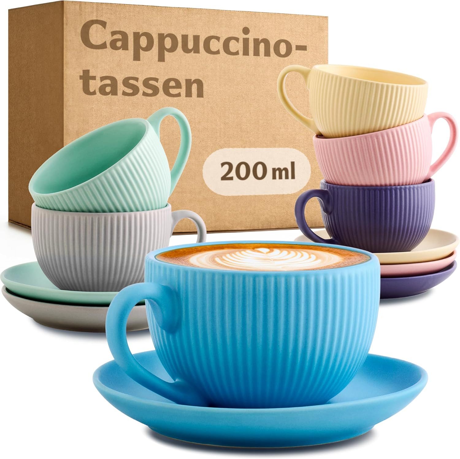 Cosumy Cappuccinotasse Cappuccinotassen mit Untertassen - 6er Set - 200ml, 12-tlg., Keramik, matt - spülmaschinenfest - mikrowellengeeignet - modernes Design