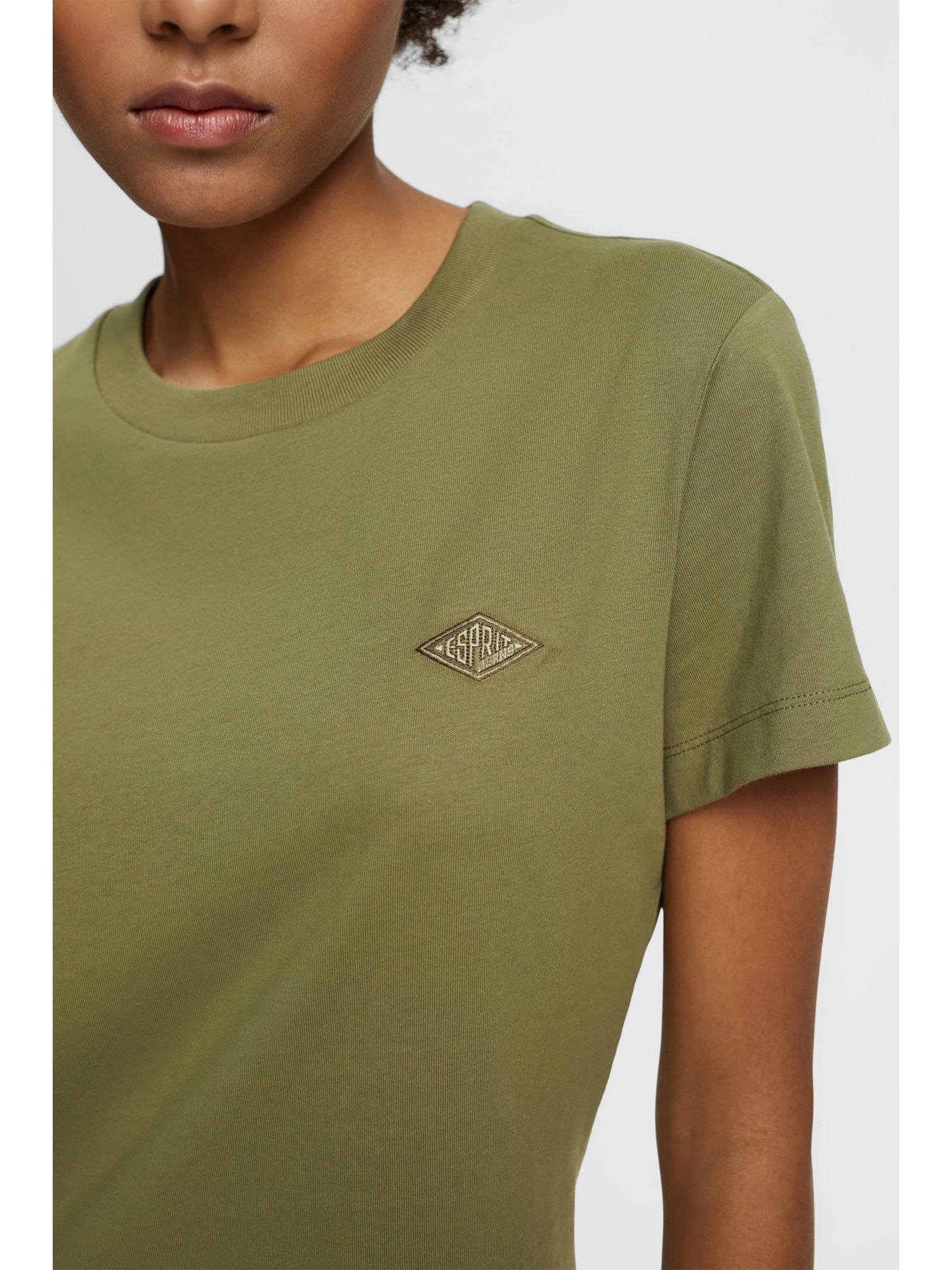 Esprit Langarmshirt Baumwolljersey OLIVE mit (1-tlg) aus Logostickerei T-Shirt