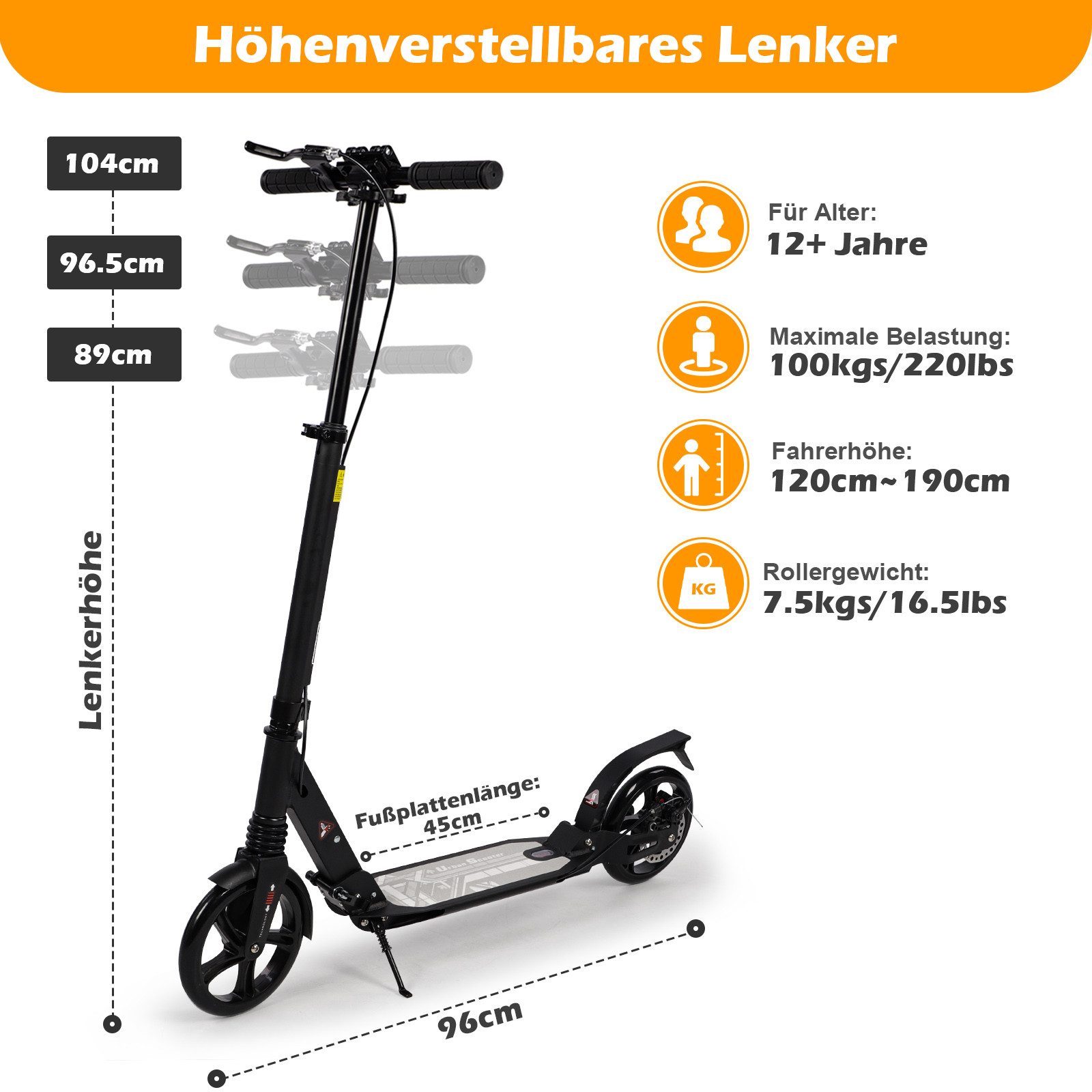 H.yeed Tretroller Kickscooter für Kinder ab 8–12 Jahren, mit Scheibenbremsen, Cityroller für Erwachsene mit Stoßdämpfung