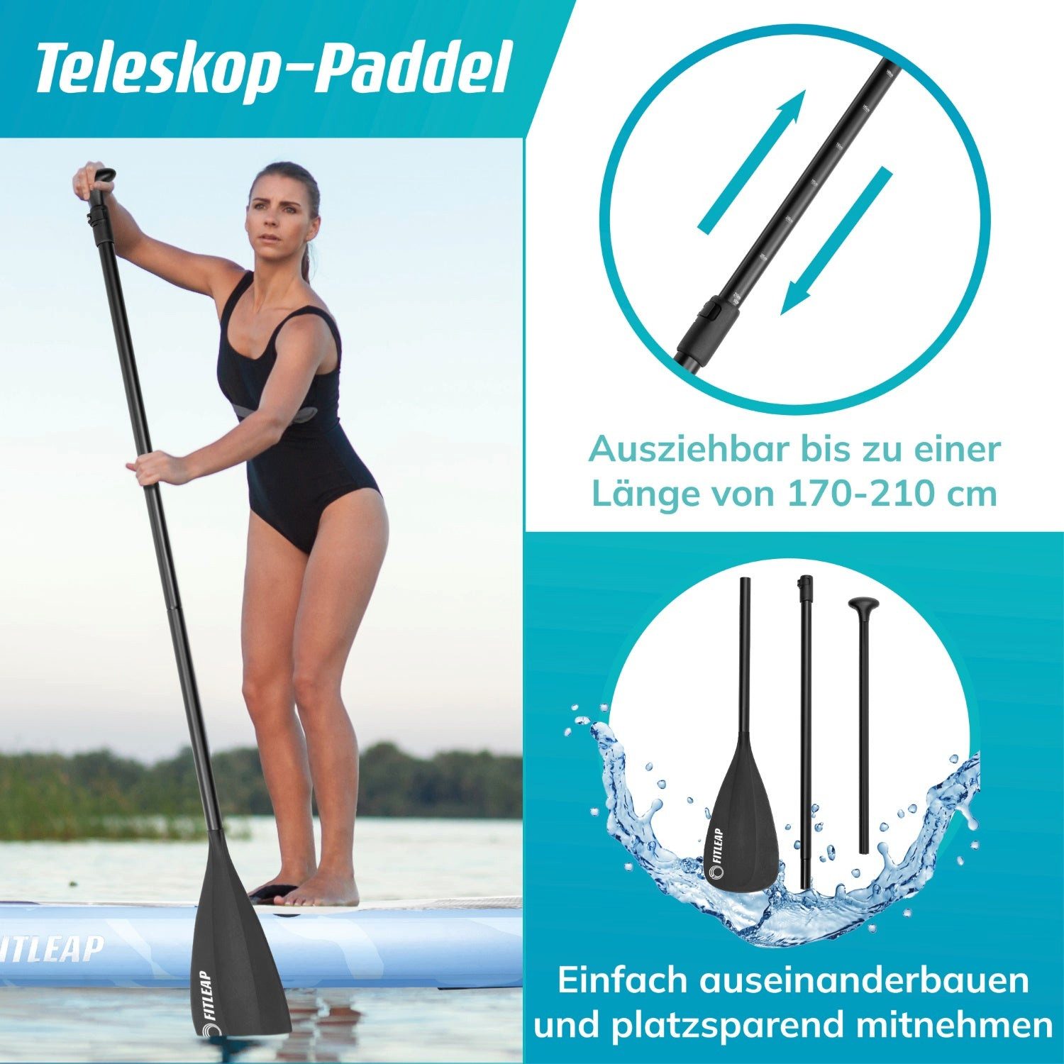 Fitleap Inflatable SUP-Board SUP Board Set mit Hochdruckpumpe, verstellbarem Paddel und Rucksack -…, Robustes Material, Komplettes SUP-Set, stabil, Leicht transportierbar
