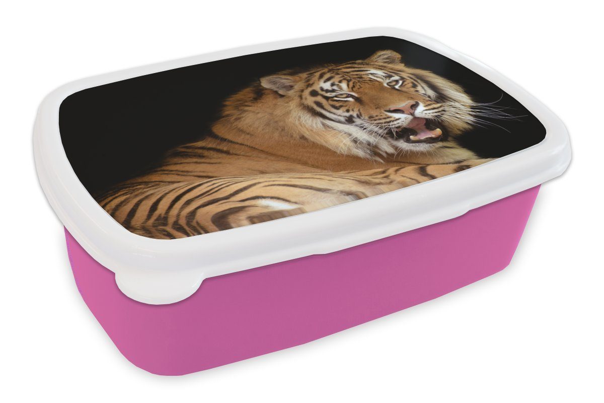 MuchoWow Lunchbox Tiger - Gähnen - Schwarz, Kunststoff, (2-tlg), Brotbox für Erwachsene, Brotdose Kinder, Snackbox, Mädchen, Kunststoff rosa
