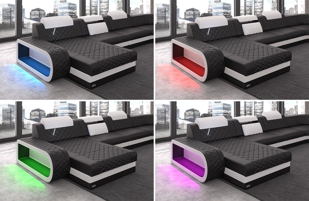 Polster mit als Bettfunktion Schlafsofa, C78 Dreams Form Sofa mit LED, Berlin Sofa Stoffsofa, U Stoff Wohnlandschaft wahlweise Couch Hellgrau-Schwarz Designersofa