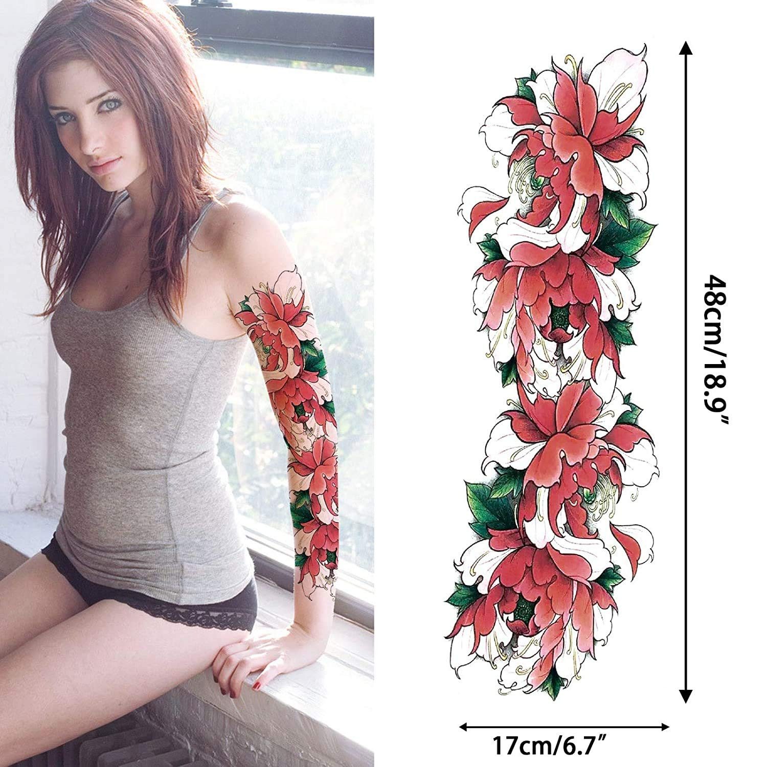 VEKROBOT Schmuck-Tattoo 4 Ganzarm Tattoos Pink Blumen Lotus Kompass Großformatige Körperkunst, 1-tlg., Einfach aufzutragen und zu entfernen, Wasserfeste & schweißresistente Tattoo-Aufkleber
