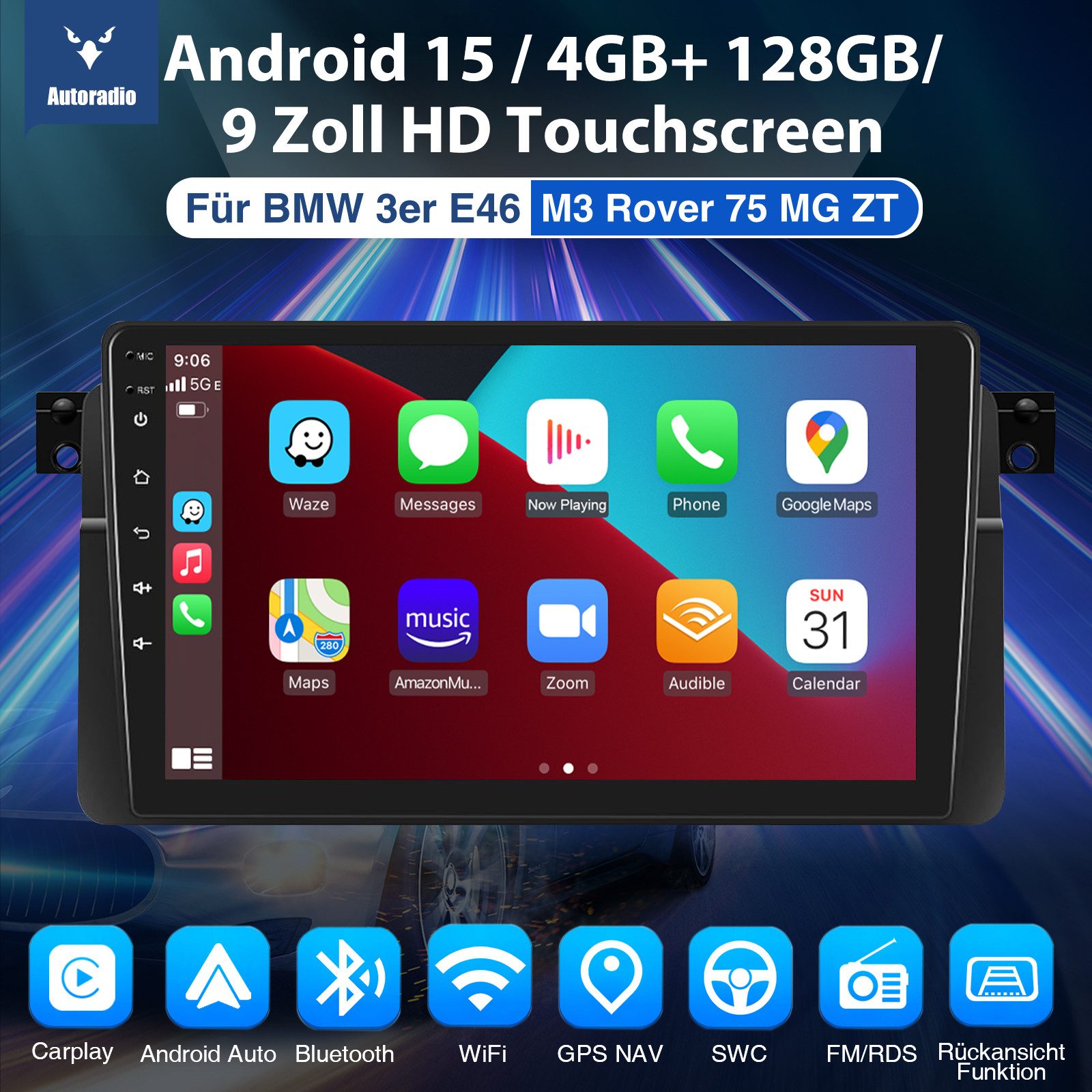 ESSGOO 9" Android 15 Autoradio für BMW 3er E46 1998–2006 Wireless CarPlay GPS Autoradio (RDS, 4+128GB(optional), 4+64GB(optional), Digitalradio (DAB), FM, AM, SWC, Carplay Android Auto Bluetooth EQ USB GPS Navi WIFI Touchscreen)