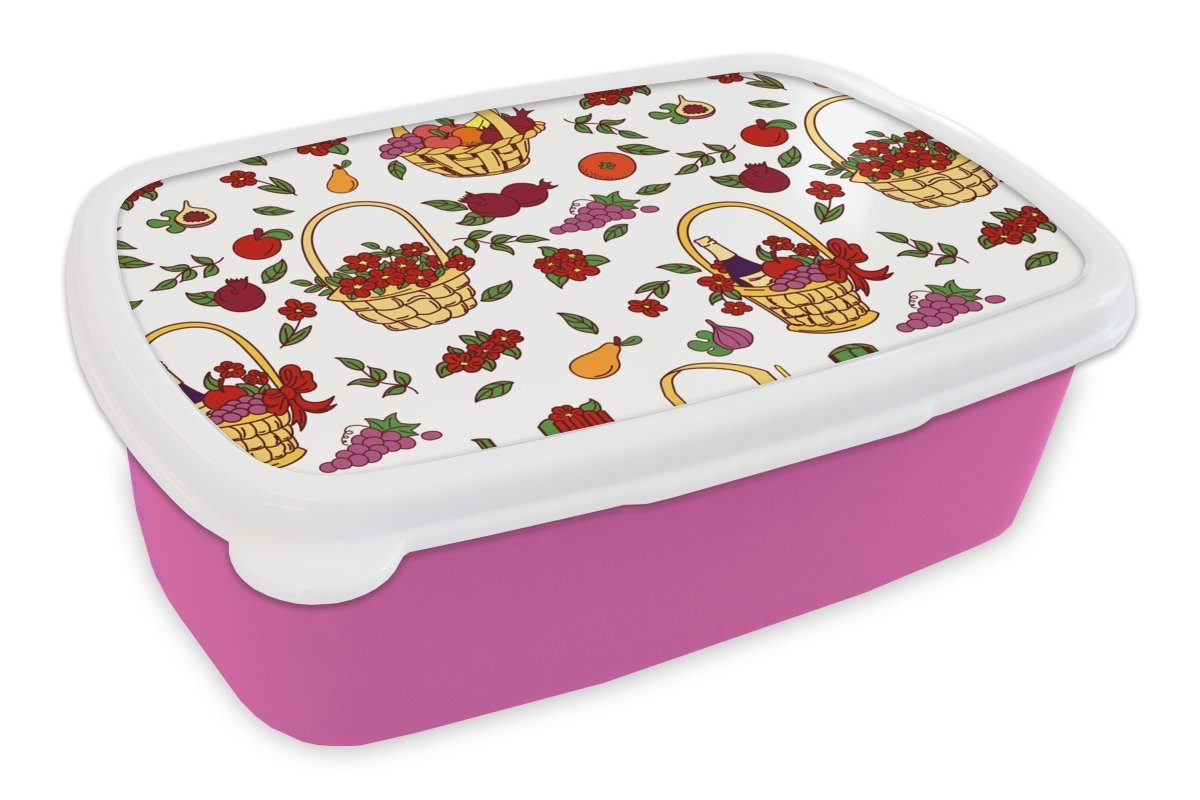 MuchoWow Lunchbox Korb - Obst - Muster, Kunststoff, (2-tlg), Brotbox für Erwachsene, Brotdose Kinder, Snackbox, Mädchen, Kunststoff rosa