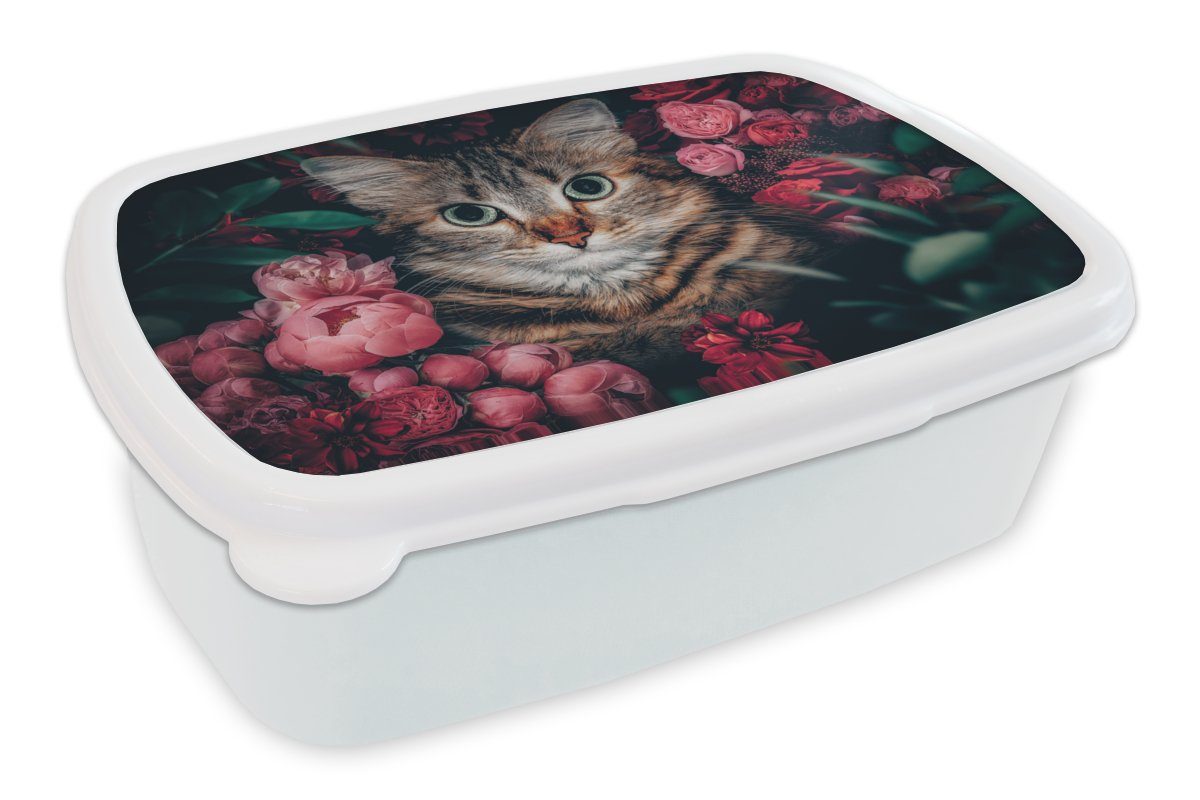 MuchoWow Lunchbox Katze - Blumen - Tiere - Botanisch, Kunststoff, (2-tlg), Brotbox für Kinder und Erwachsene, Brotdose, für Jungs und Mädchen weiß