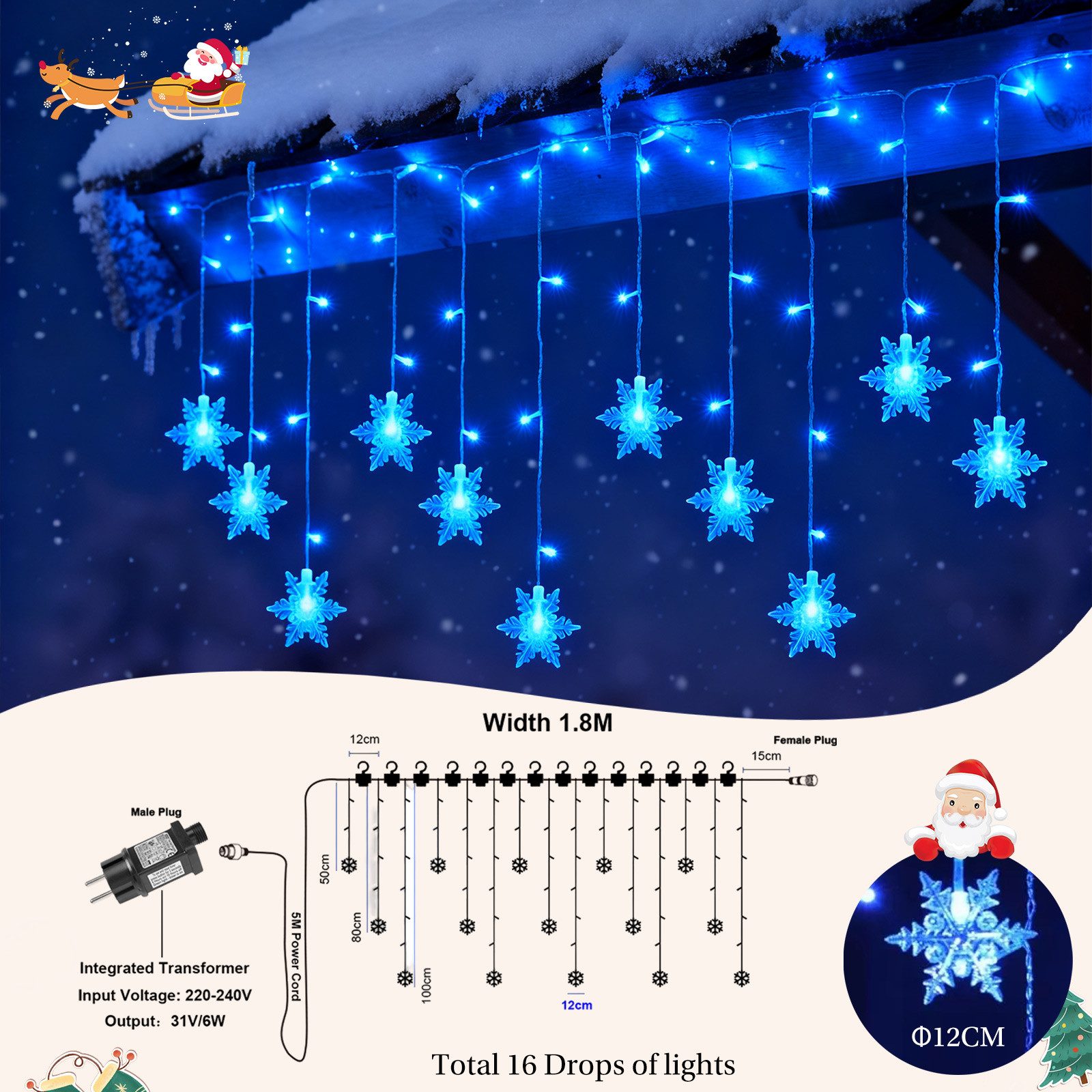 Rosnek LED-Lichtervorhang 12cm Schneeflocke Weihnachtsbeleuchtung, 8 Modi, Timer, anschliessbar, Speicherfunktionen; Wohnzimmer Deko
