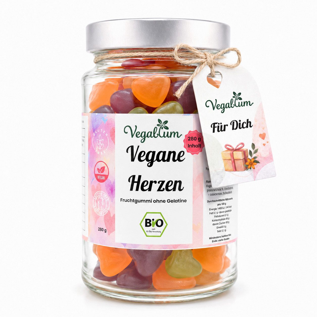 Vegablum Süßigkeit Bio Herzen XL, Geschenkglas mit Für Dich Anhänger, 1 x 280,00 g, vegan, ohne Gelatine, mit Für Dich Anhänger
