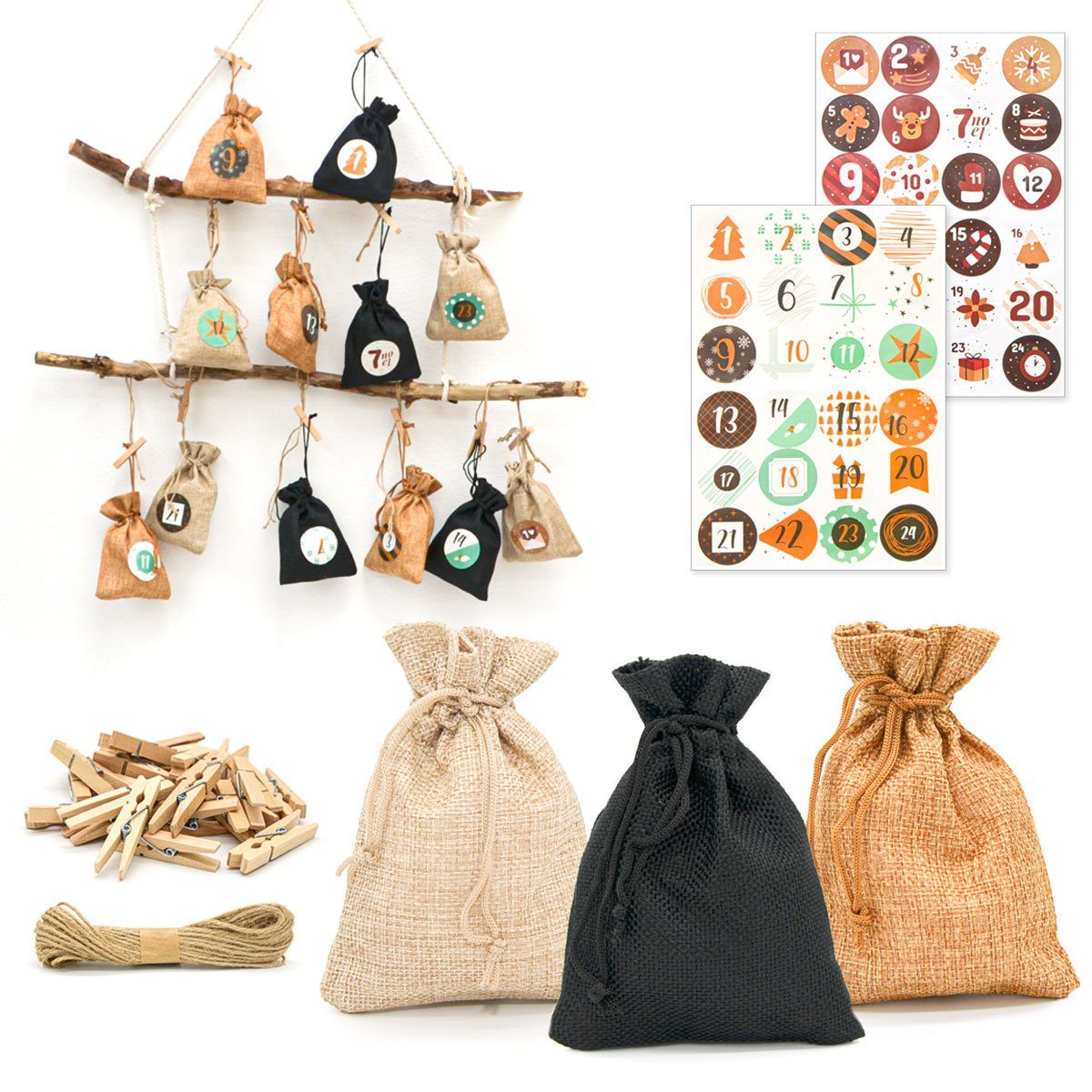 DuneDesign befüllbarer Adventskalender DIY Adventskalender Bastelset mit 24 Jutesäckchen, Nachhaltige Beutel mit Stickern und Zubehör zum Befüllen