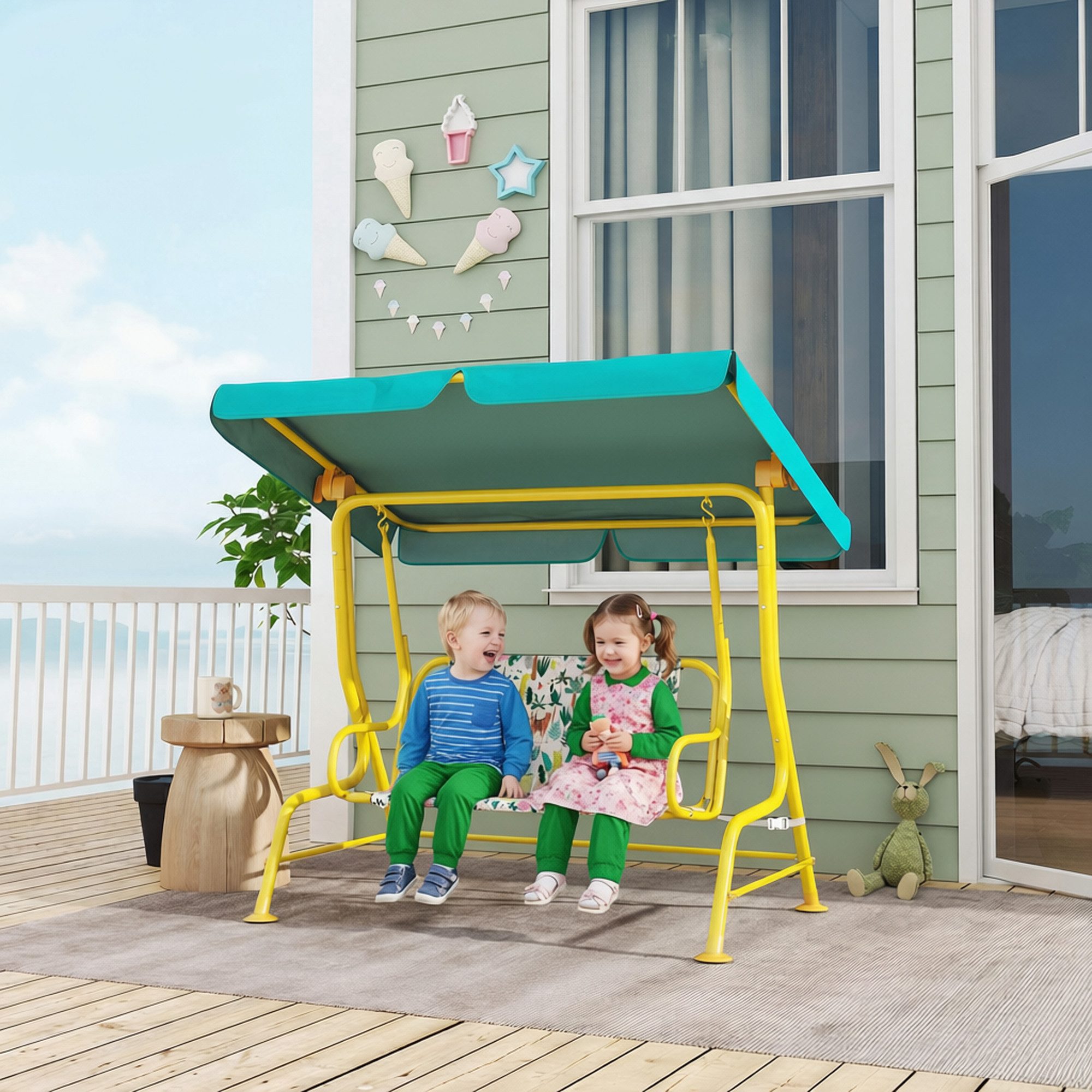 AIYAPLAY Hollywoodschaukel Kinderschaukel Gartenschaukel, Sicherheitsgurt, bis 60 kg, 2-Sitzer, Schaukelfunktion, Gartenschaukel, 1 tlg., 2-Sitzer Kinderschaukel, für Garten Terrasse für 3-6 Jahre Kinder bis 60 kg Grün