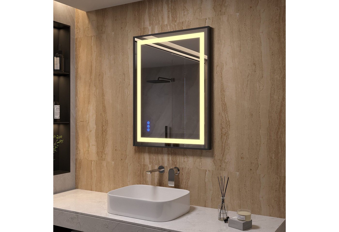 AQUALAVOS LED-Lichtspiegel Badspiegel mit LED Beleuchtung 80x60 cm Wandspiegel Badezimmerspiegel, 2 Lichtfarben Dimmbar Energiesparenden Horizontal/vertikal montierbar