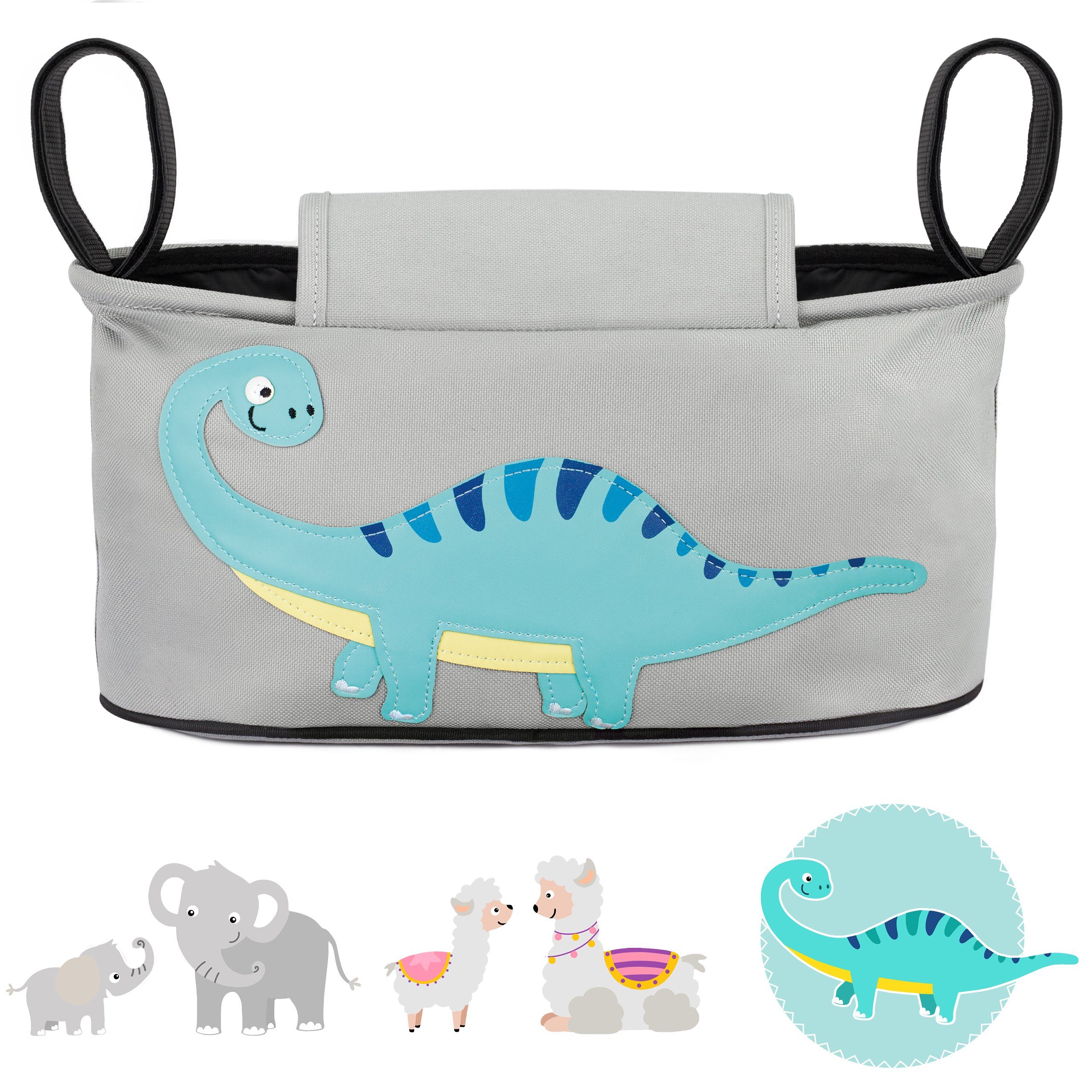 GLÜCKSWOLKE Kinderwagen-Tasche in Grau oder Schwarz I 6 Motive I Kinderwagentasche & Buggy Organizer, Kinderwagen Tasche mit Getränkehalter und Feuchttücherfach