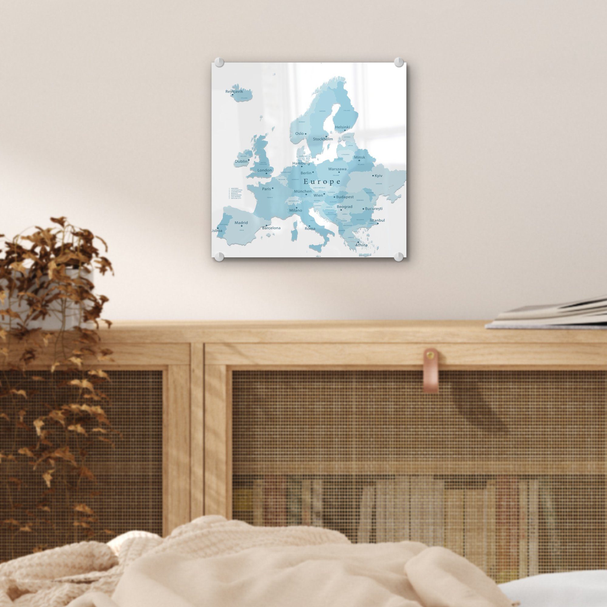 MuchoWow Acrylglasbild Karte von Foto - Hauptstädten, auf Glas Bilder mit Wanddekoration blauen Glas - Glasbilder Wandbild auf - (1 Europa St)
