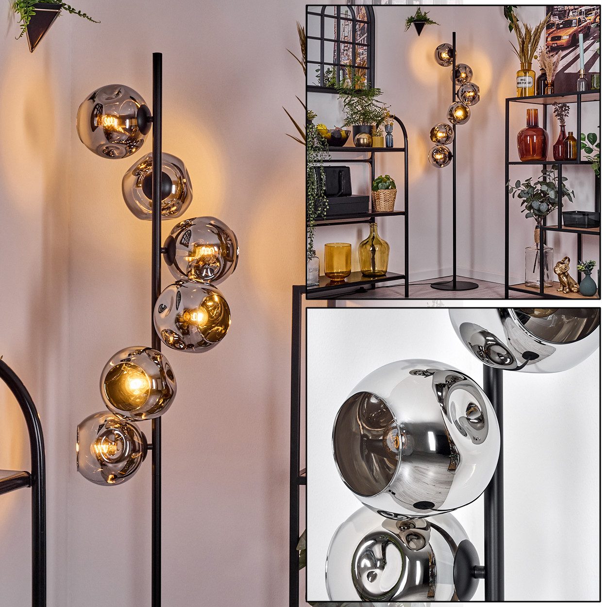 Stehlampe Stehlampe aus Metall/Glas in Schwarz/Chrom/Rauch, Retro/Vintage-Design