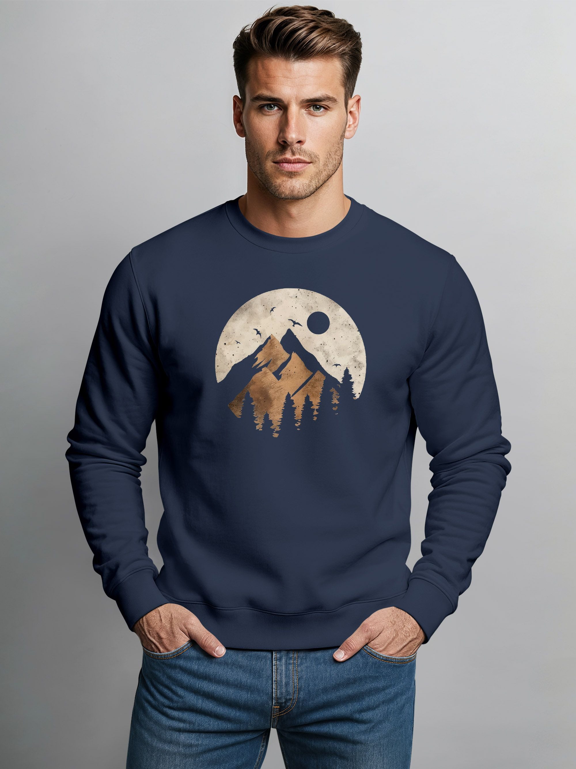 Neverless Sweatshirt Sweatshirt Herren ohne Kapuze Frontprint mit Berg und günstig online kaufen