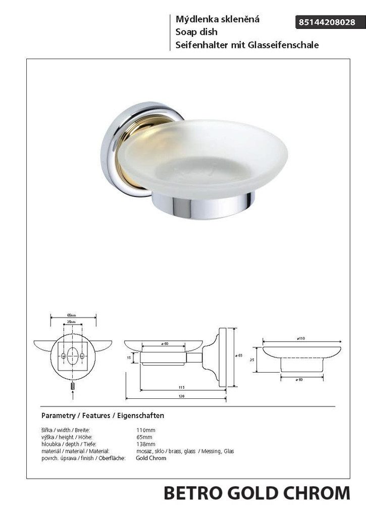 BRILLANTBAD® Seifenschale BETRO GOLD Seifenhalter Messing Glas Gold Chrom Bad & Küche >> Bohren, Breite: 11 cm