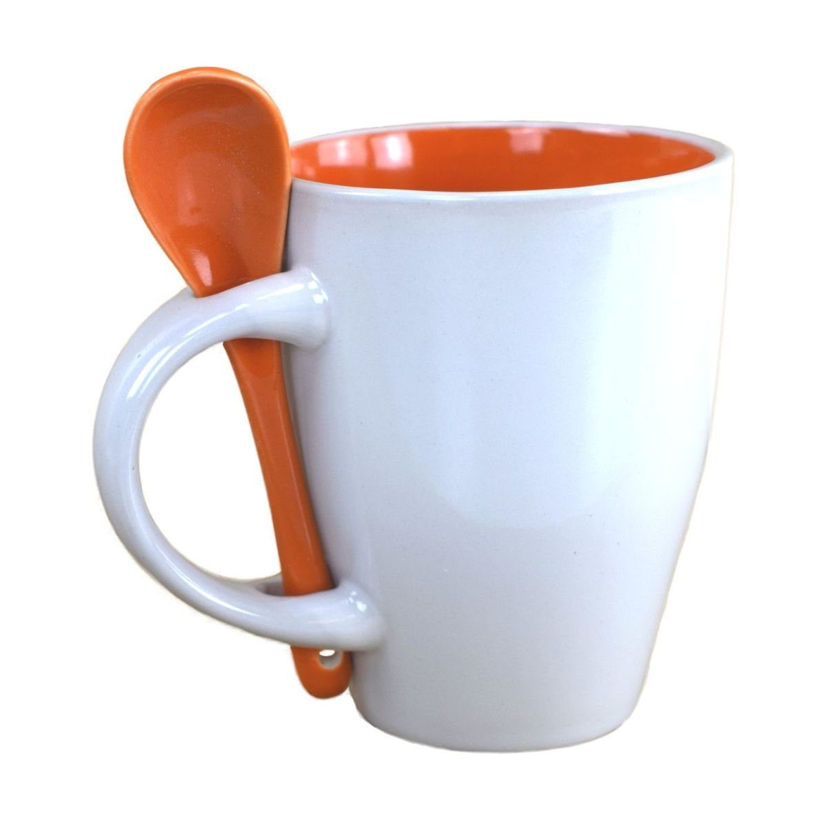 Marabellas Shop Tasse Kaffetasse ca. 250 ml in Orange oder Blau Tasse mit Löffel im Halter, Keramik, inkl. Keramiklöffel