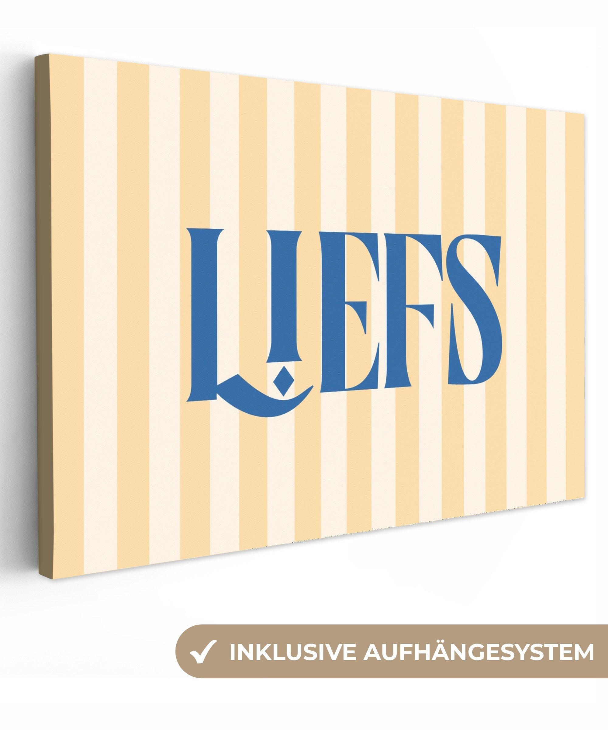 OneMillionCanvasses® Leinwandbild Blau – Gelb – Streifen – Liebe Grüße, Fotodruck (1 St), Leinwandbilder XXL Wohnzimmer, Deko Aesthetic 150x100 cm