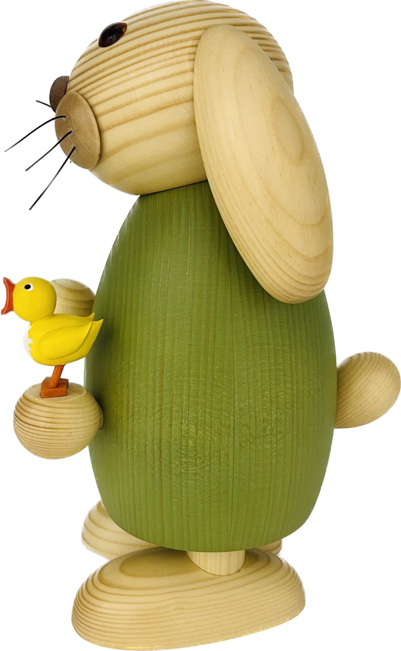 Richard Glaesser Osterhase grün mit Küken (25 cm), Hase aus Holz, Handwerkskunst aus dem Erzgebirge