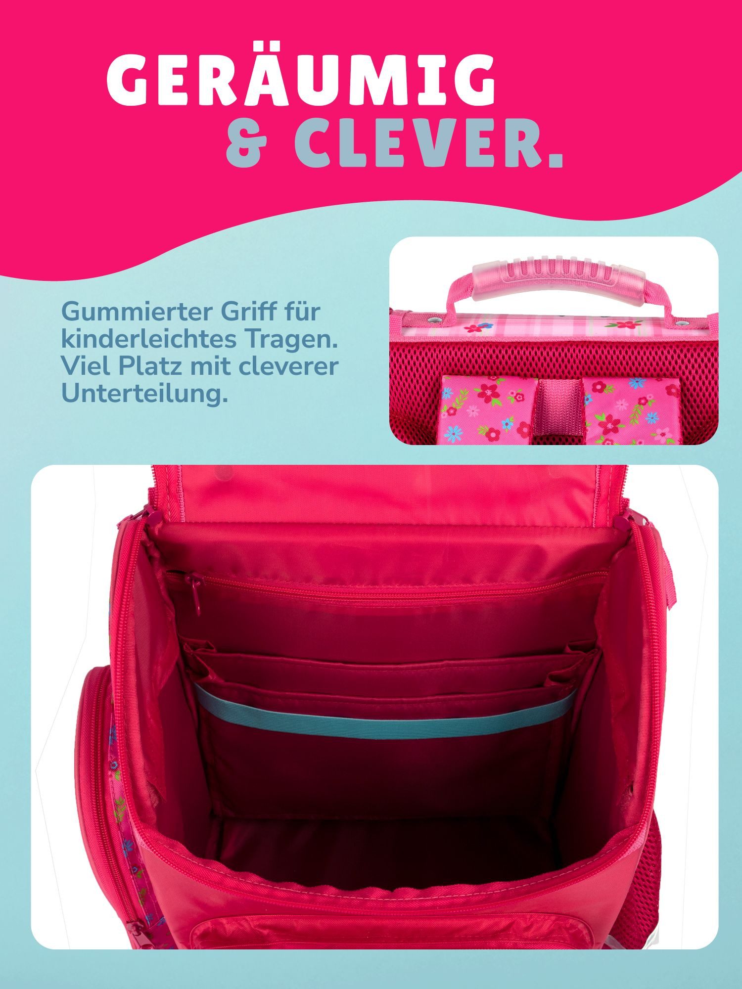 Familando Schulranzen Clou Pferde Champion Schultasche, rosa, ab 1. Klasse (Komplett-Set, 10-tlg., mit Lunch-Set, Sporttasche und Schultüte 85cm), kompakt, mit  – Bild 5 von 5