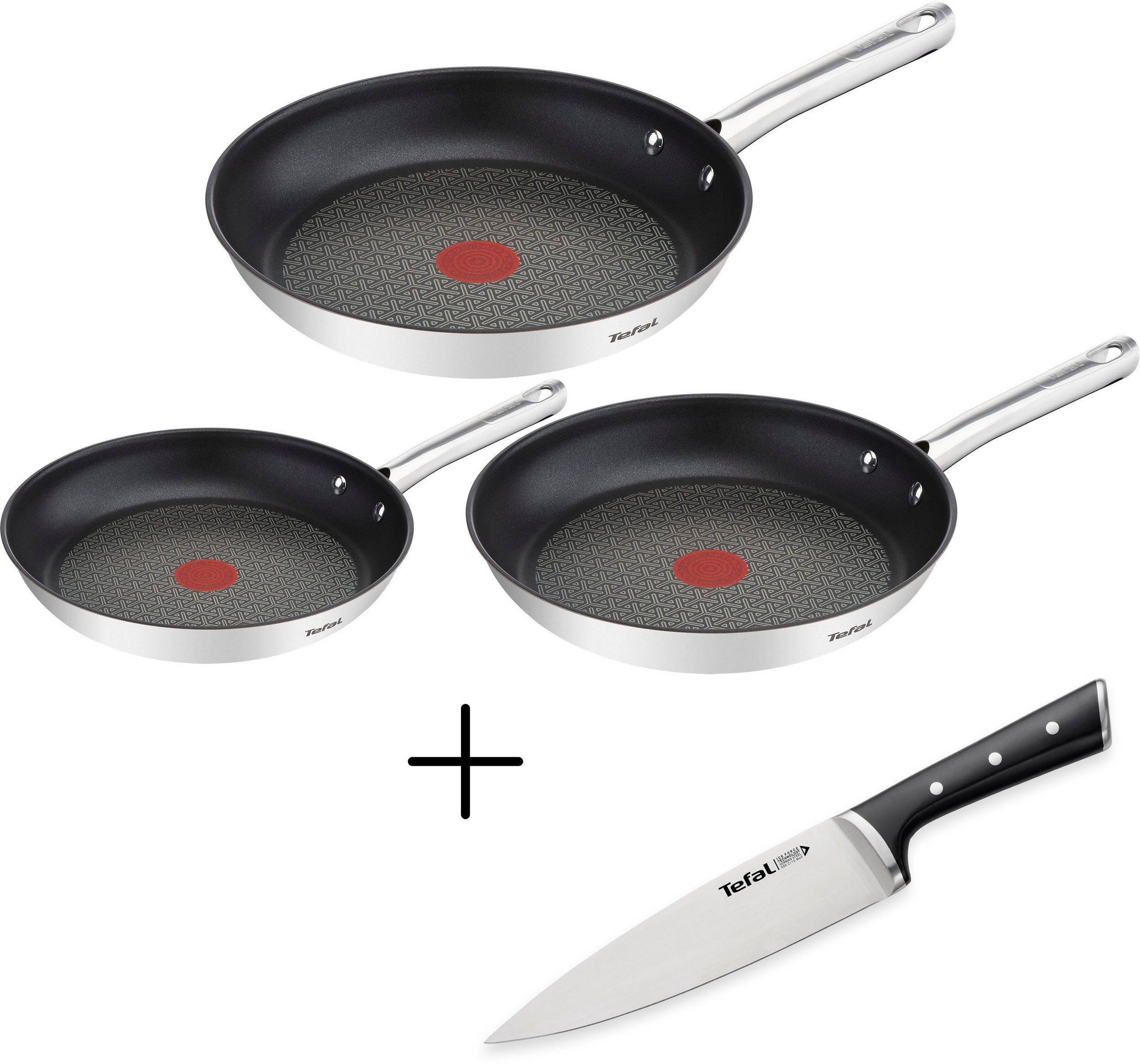 Tefal Pfannen-Set Duetto, Edelstahl (Set, 4-tlg., je 1 Bratpfanne Ø 20/24/28 cm), Induktion, inkl. 1 Ice Force Kochmesser